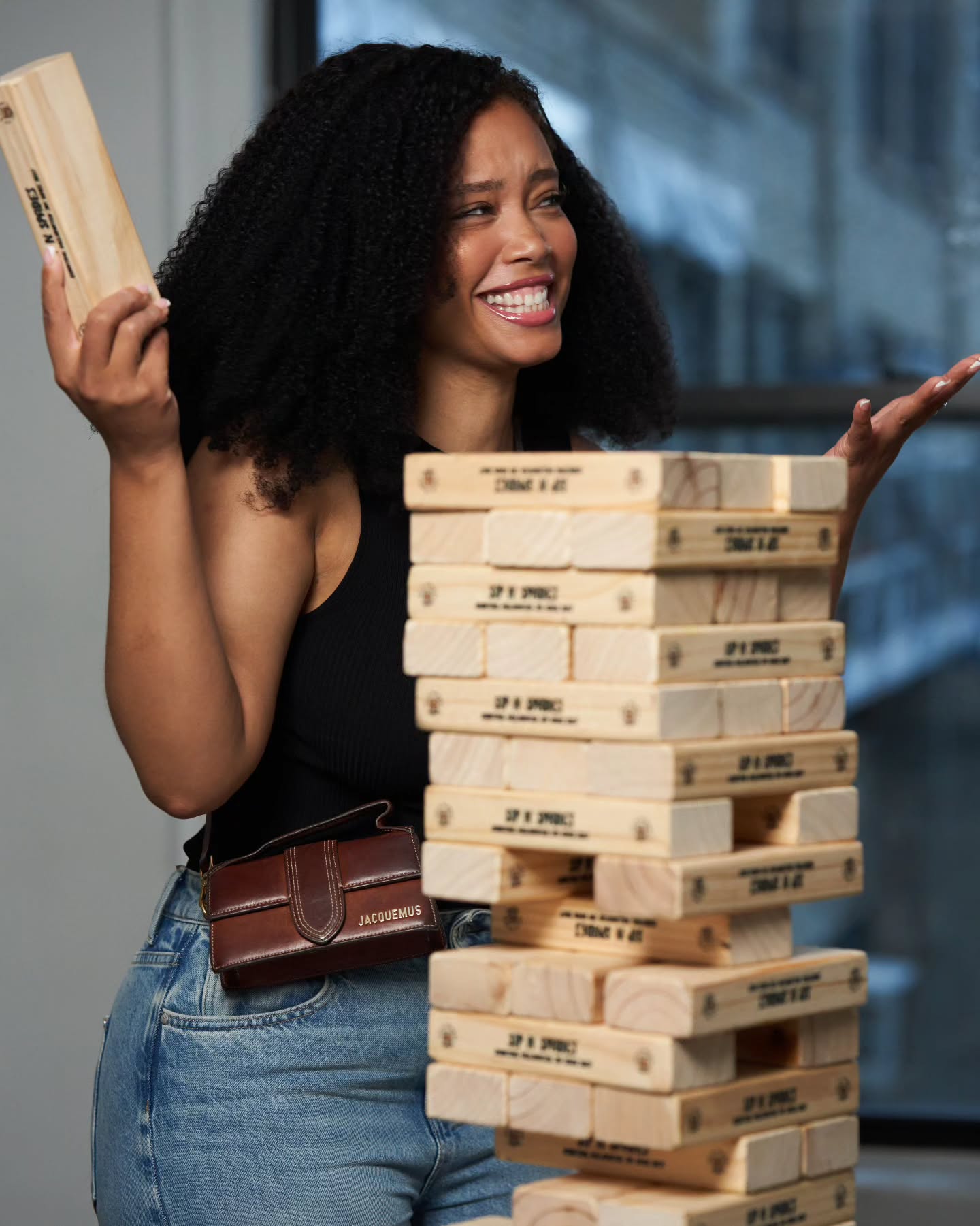 Keep it a stack! Who doesn't feel like they can take over the world after flawlessly removing that impossible Jenga piece??? #SipNSpades #BigJenga #BigConnect4 #UNO #Dominoes