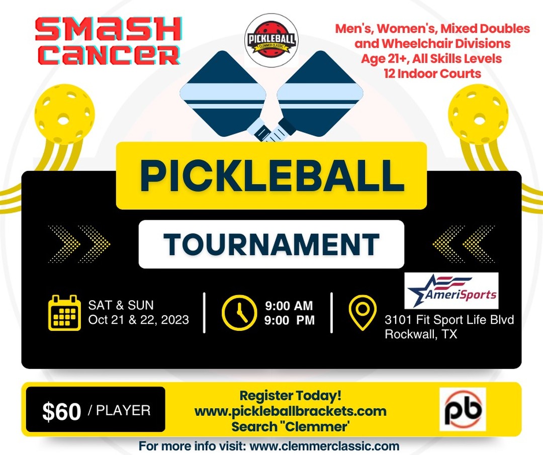 October 21-22 Clemmer Classic ‘Smash Cancer’ Tournament
The Clemmer Classic "Smash Cancer" Tournament has partnered with AmeriSports Athletic Center in Rockwall, Texas to introduce this brand new indoor, air-conditioned, 12 lined pickleball court venue.
- Saturday, October 21st: Men's and Women's Doubles
- Sunday, October 22nd: - Mixed Doubles and Wheelchair Divisions
Registration link in Bio
#dallaspickleball
#sacshsepickleball
#pickleballnorthtexas
#planopickleball
#pickleballlife
#pickleball
#pickleballrocks
#pickleballaddict