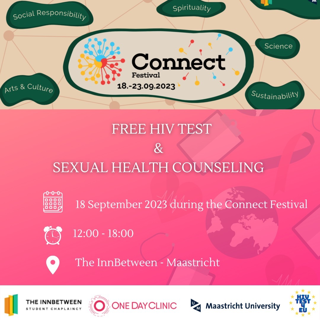 HERE WE GO AGAIN! Free HIV testing and sexual health counseling provided by @onedayclinic in Maastricht on the 18th of September during the Connect Festival of @innbetween_maastricht.
*
*
Do you have questions about sexual health? Ask Geert-Jan, a sexual health nurse of @onedayclinic your questions. He will be there to answer you questions and provide the tests. Testing is completely anonymous and will only take a few minutes. Sign up via the link in bio to book your time slot or visit www.bookwhen.com/TheInnBetween
*
*
*
#hivtest4eu #hiv #euregio #sexualhealth #limburg #maastricht #maastrichtuniversity #wellbeing
@maastricht_fpn @um.wellbeingmovement @mymaastricht @mantotman_nl @aidsfonds @onedayclinic @innbetween_maastricht @ifmsamaastricht @diversityum