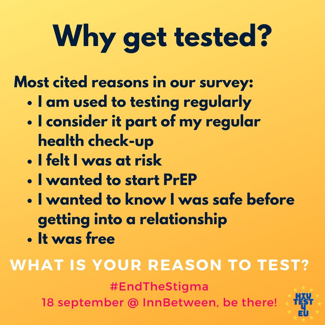 Why would you get tested? Here are some of the answer of our participants in the Euregio-wide survey we did. What is yours?
*
*
Join us next Monday 18 september for free HIV testing. Sign up via www.bookwhen.com/TheInnBetween.
@innbetween_maastricht
@onedayclinic
#hivtest #euregio #survey #accesstocare #sexualhealth #health #sexuality #hiv #selfcare