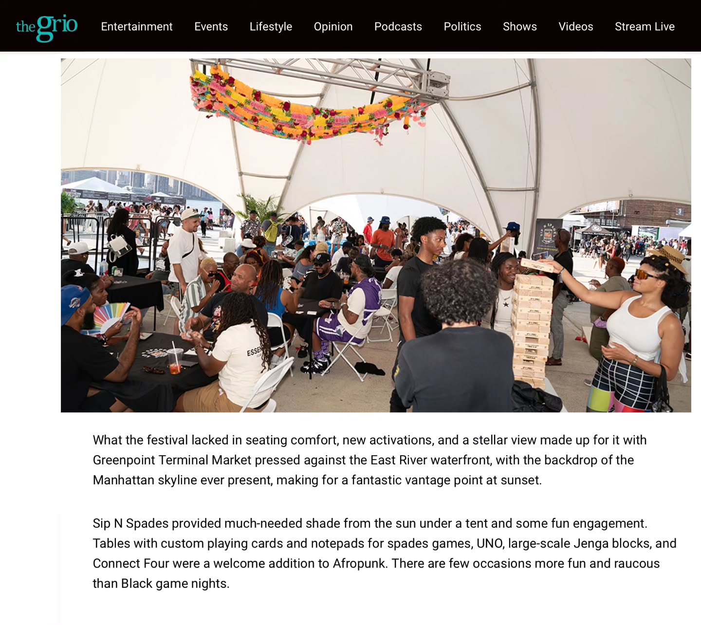 📝 Sip N Spades featured in The Griot's write up of Afropunk Brooklyn 2023 ‼️ "Sip N Spades provided much-needed shade from the sun under a tent and some fun engagement. Tables with custom playing cards and notepads for spades games, UNO, large-scale Jenga blocks and Connect Four were a welcome addition to Afropunk." ✊🏾✊🏾✊🏾 Great to see the word getting out about the best adult game night in the world! #SipNSpades #Afropunk #TheGriot