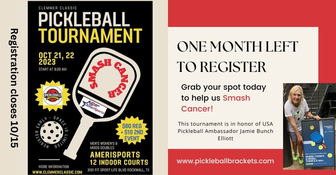 One month left to register -- help us SMASH CANCER on October 21 & 22. Registration link in Bio
#dallaspickleball
#sacshsepickleball
#pickleballnorthtexas
#planopickleball
#pickleballlife
#pickleball
#pickleballrocks
#pickleballaddict