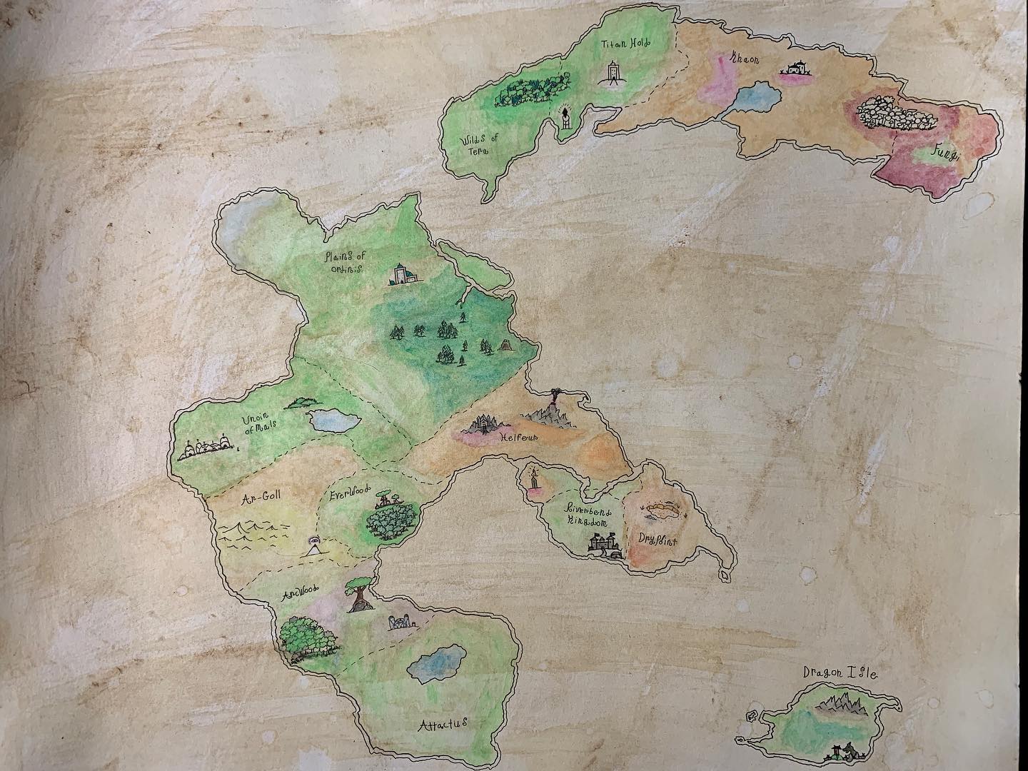Map of my world Drachin!
Completed and colored.
Currently in use for DnD. :)
(You already know if your in my group)
#dnd #dndmap #map #world #worldbuilding #design #art #artist #watercolor #pen #paper #fantasy #fantasyart