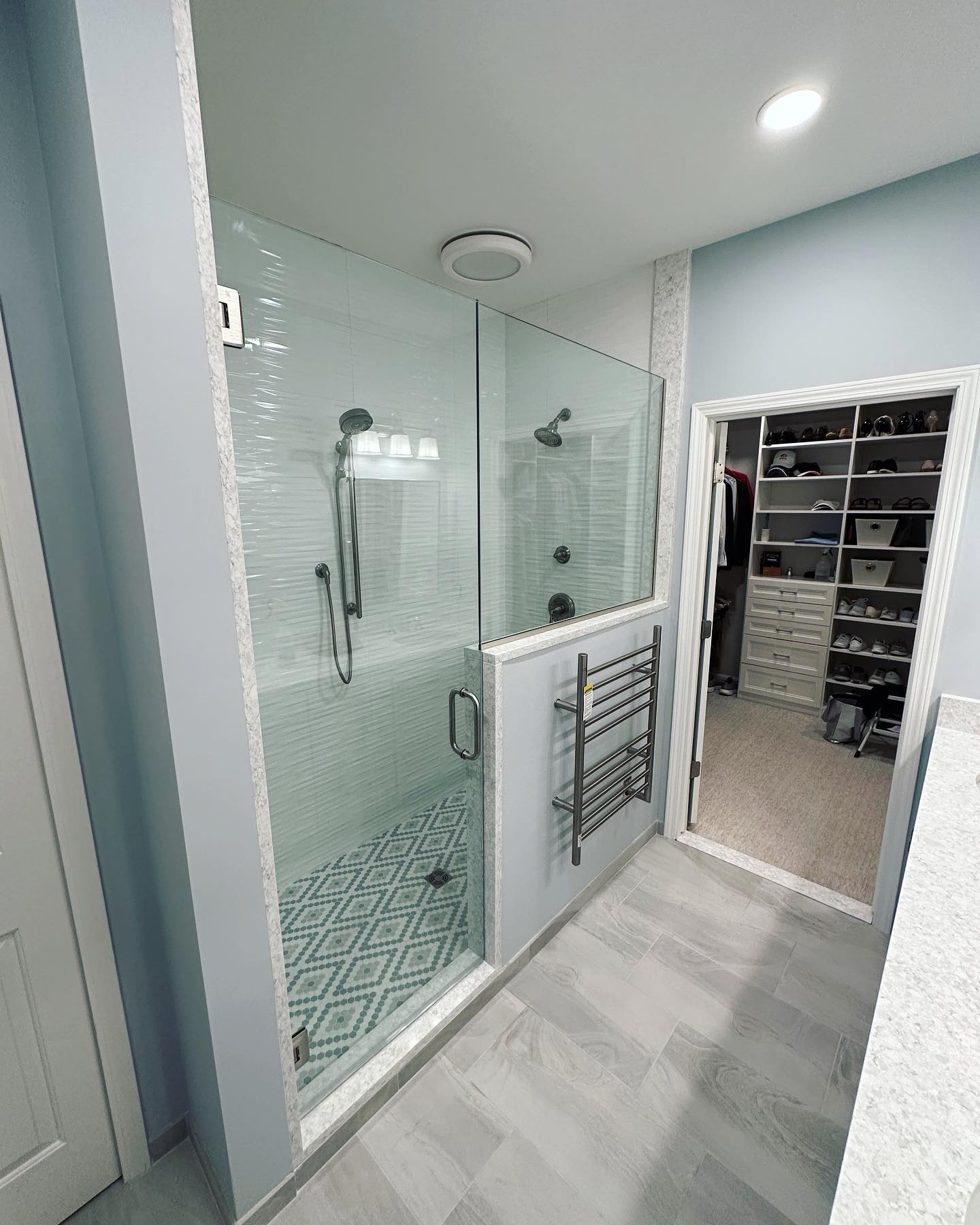 And that’s a wrap on this one! One of my favorite bathrooms we have done and one of our greatest customers to date. All the tile is from Tile & Stone Works and all the underlayment is @schlutersystemsna from the tray, to the heated floor. This even has a heated towel rack! Quartz instead of bullnose all around the edge of the shower and inside the door jamb. Get yours today by visiting us online. The link is in our bio!
#schluter #tileandstoneworks #tile #bathroom #remodel #bathroomremodel #subwaytile #heatedfloor #kerdi #ditra #kimbletile