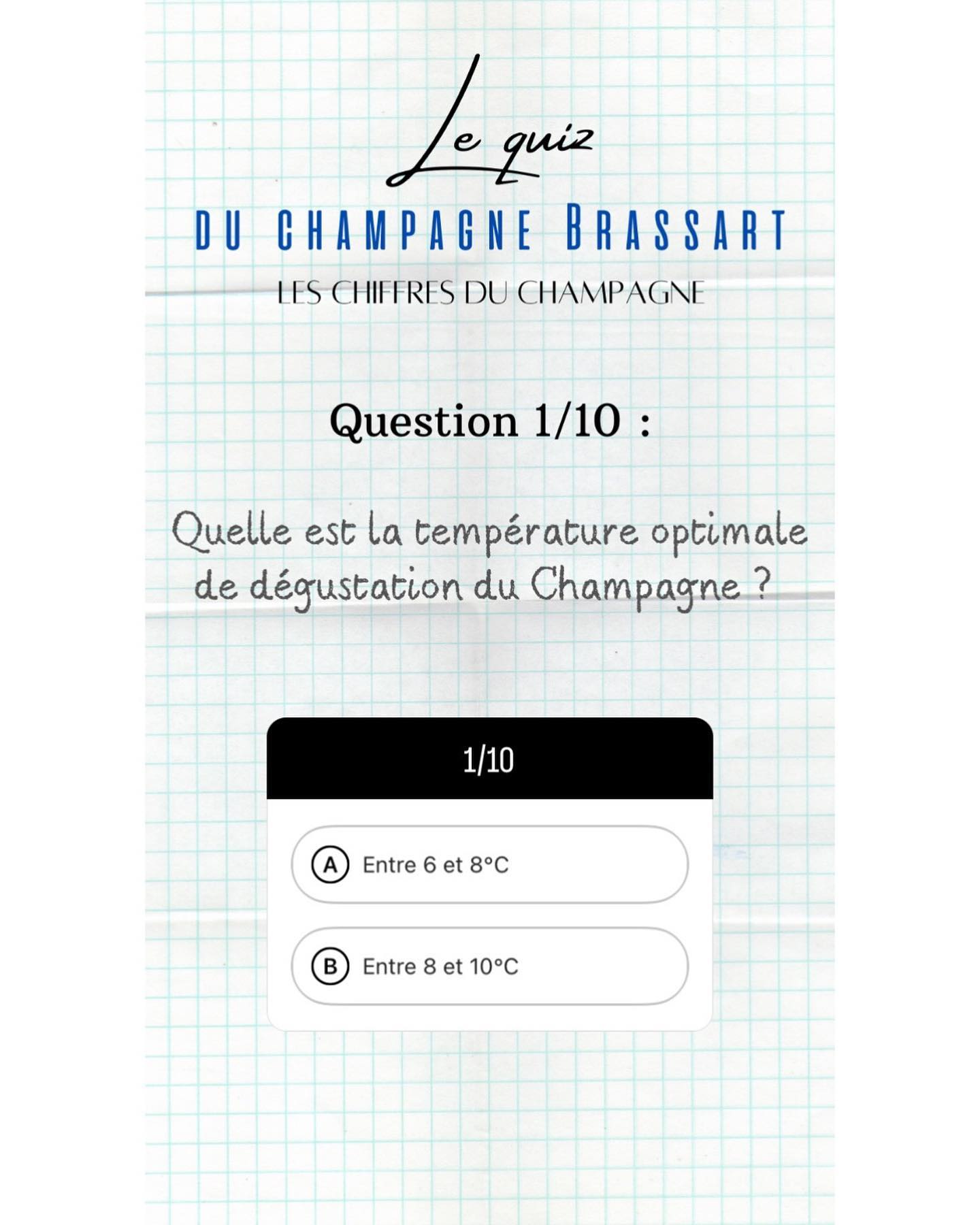 « Nous aimerions vous proposer un quiz sur vos connaissances à propos du champagne, et plus précisément sur les chiffres du Champagne. Vous pourrez retrouver ce quiz ainsi que les réponses aux questions dans notre story à la une ”Quiz“ ».
Voici ce que nous avons proposé à nos abonnés en story ce mardi. Nous vous présentons quelques questions faisant parties du quiz que vous pourrez retrouver dans notre story à la une se nommant “Quiz “, accompagnées des réponses et des explications. Merci à tous d’avoir participé, cela ne peut que nous encourager à continuer ! D’ailleurs, que diriez-vous d’un deuxième quiz sur le Champagne ? Donnez-nous votre avis en commentaire !
Si vous ne voulez louper aucune de nos storys, abonnez-vous à notre compte Instagram : @champagnebrassart
#champagne #champagnebrassart #quiz #quizchampagne #quizchiffresduchampagne