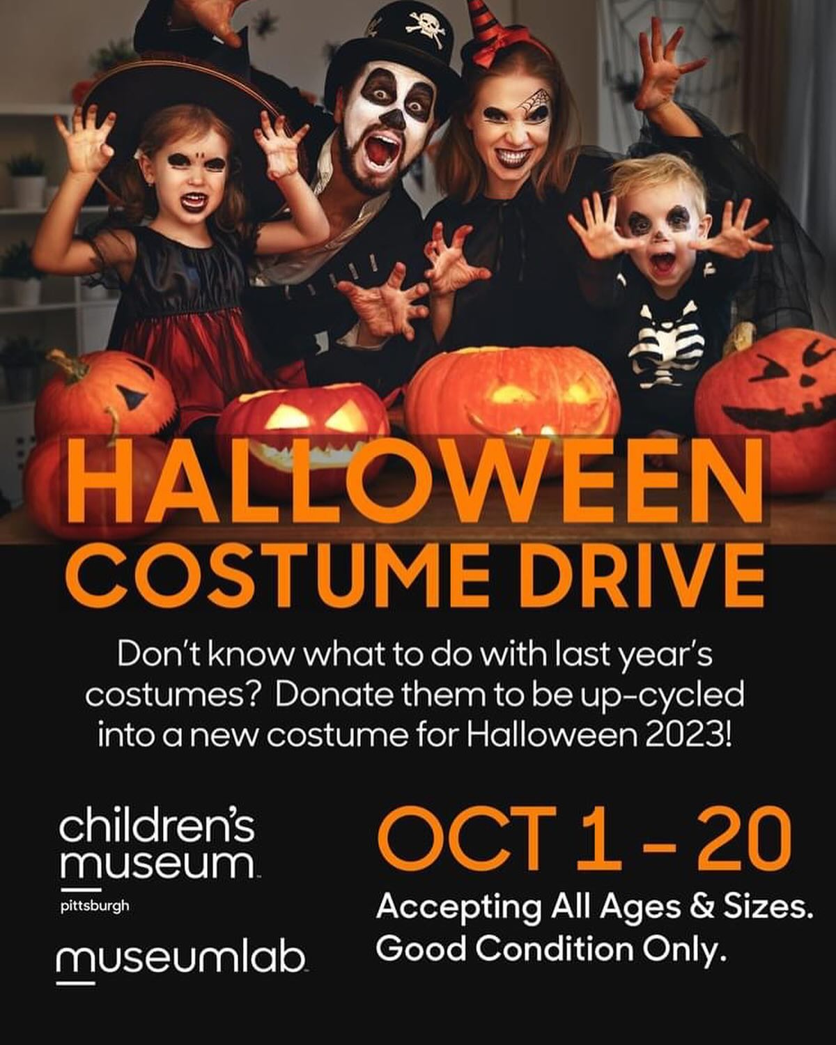 This October The Children’s Museum of Pittsburgh @museumlabpgh having a costume drive!🎃
.
.
Don’t know what to do with last year’s costumes? Donate them to be up-cycled into a new costume for Halloween 2023!
.
.
Visit their creative closet and find your perfect costume! Design your own with the help of guest artists and featured activities. 👻