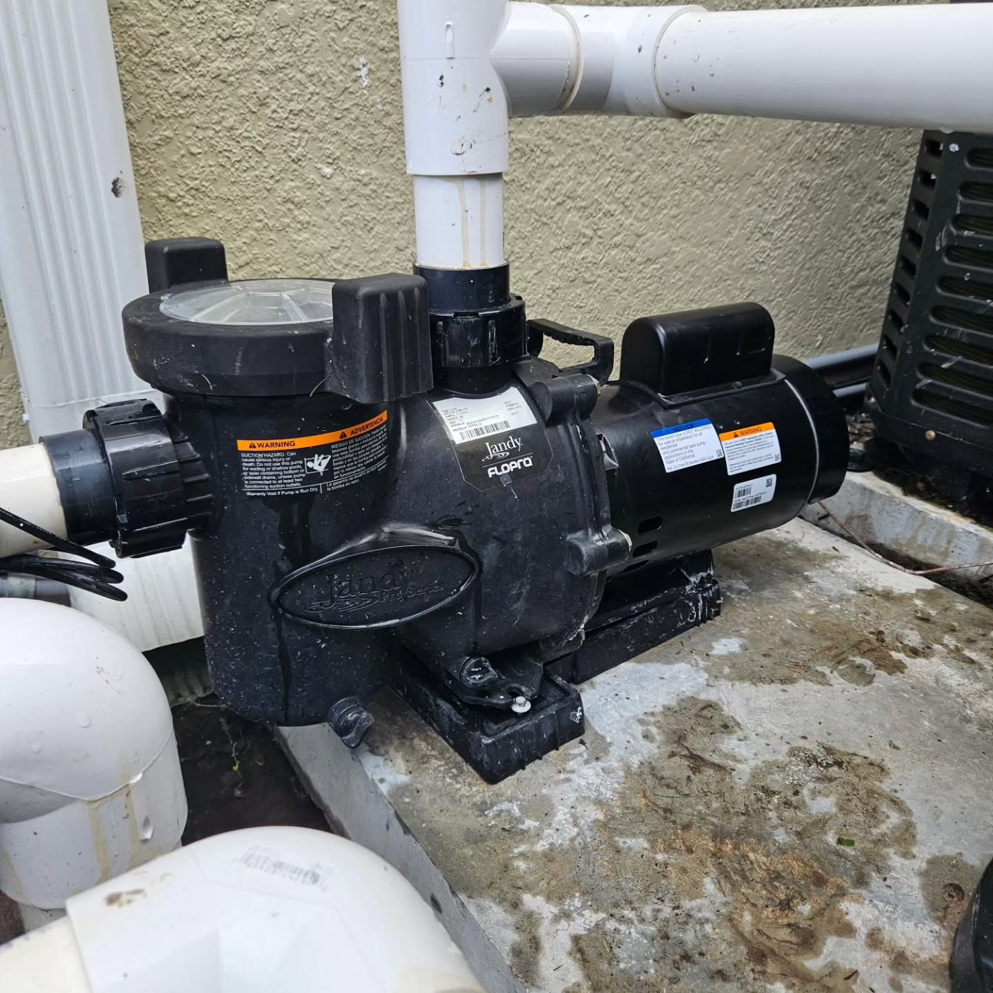 Not every job is a big one. Just a pump motor replacement on this Jandy FloPro Pool Pump. New ceramic shaft seal, and diffuser O-ring always included in our pricing.