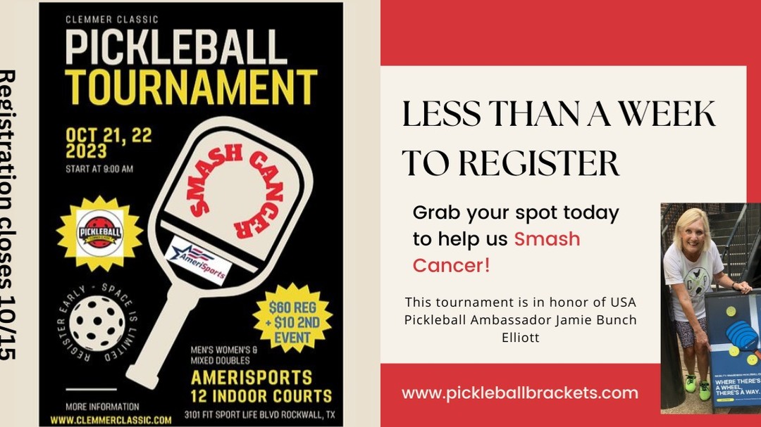 Clemmer Classic 'Smash Cancer' Pickleball Tournament - registration closes on Sunday, 10/15.
Grab your partner and sign up today! Link to PickleballBrackets in Bio.
#dallaspickleball
#sacshsepickleball
#pickleballnorthtexas
#planopickleball
#pickleballlife
#pickleball
#pickleballrocks
#pickleballaddict