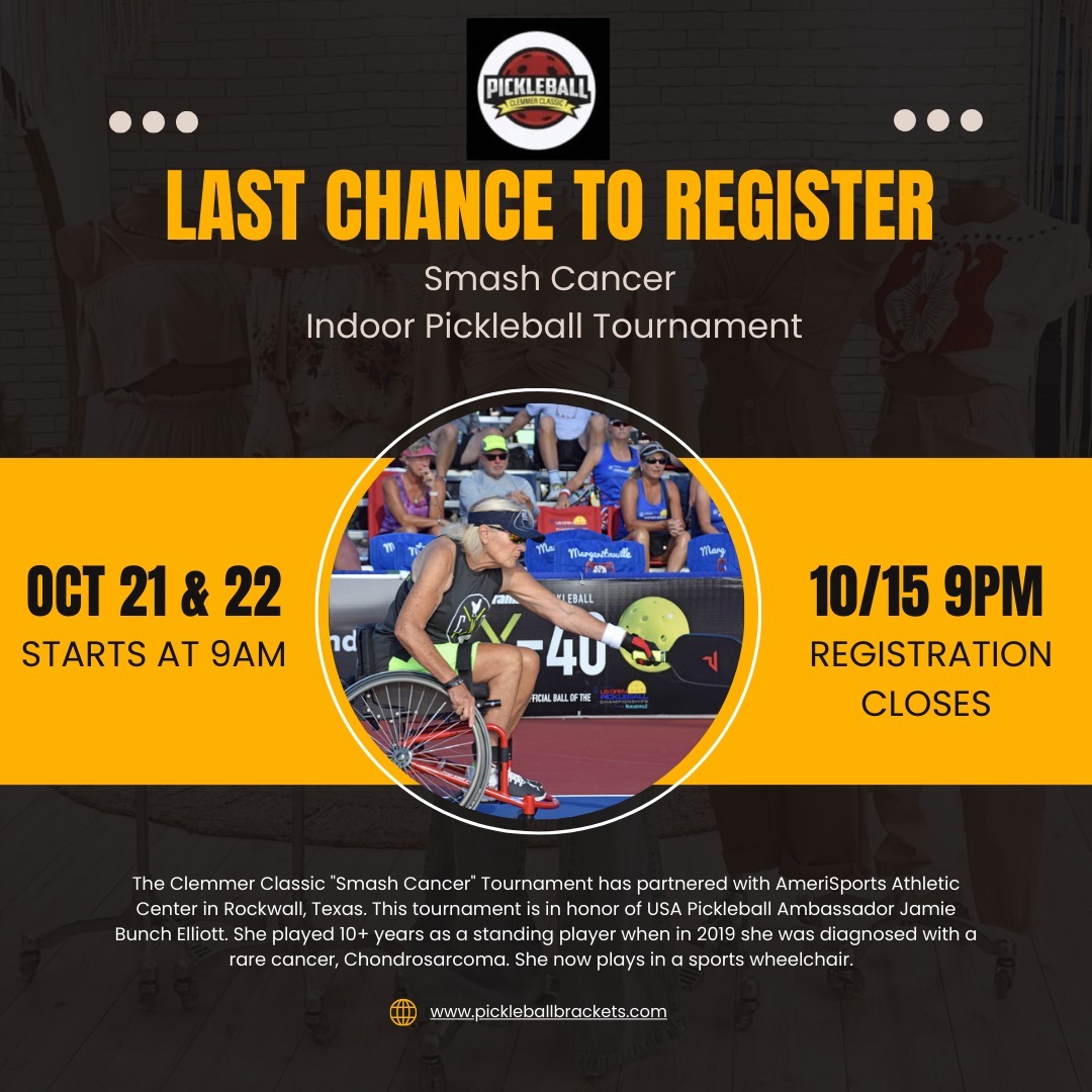 Looking for a Men's, Women's, Mixed, and Wheelchair Doubles Pickleball Tournament next weekend? Join us at AmeriSports in Rockwall to Smash Cancer!
Registration closes today (October 15, 9:00 PM)
#dallaspickleball
#sacshsepickleball
#pickleballnorthtexas
#planopickleball
#pickleballlife
#pickleball
#pickleballrocks
#pickleballaddict