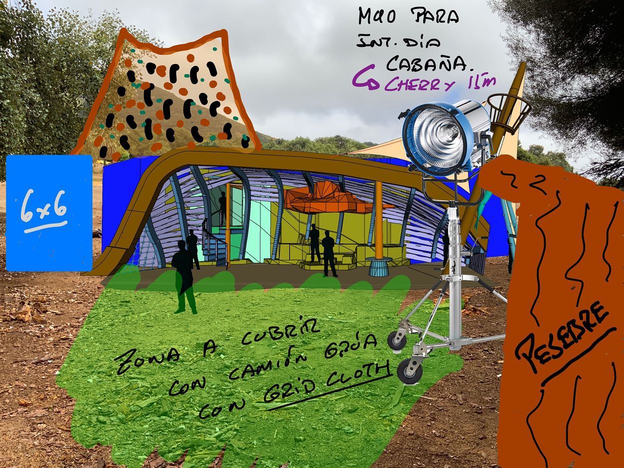 Uno de los decorados de La Ternura de la enorme @solsaban Con decorados así da gusto trabajar, se iluminan solos. Boceto de arte con esquemas mio de la localización técnica. Fotos del set y pruebas del palio para cubrir el sol. #rodaje #rodajescanarias #decorados #lightingcrew #lightingcrewspain #laternura #gafferlighting