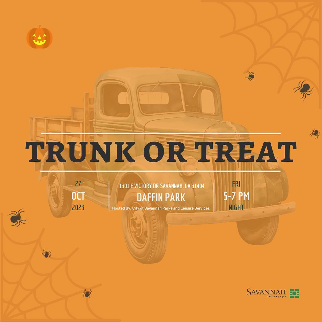 The @cityofsavannah Recreation and Leisure Services will hold the annual Trunk or Treat event in Daffin Park on Friday, Oct. 27 from 5 p.m. to 7 p.m.
Everyone is invited to join the City at this family-friendly Halloween event that will include a bounce house, games, face painting, food trucks and dozens of cars handing out candy.
Kids are encouraged to wear their most spook-tactular costume for a chance to win a prize during the costume contest. There will be three winners. All participants must be 16 or under.
Following Trunk or Treat, at 7:30 p.m., Sundown Cinema will present a surprise movie. Free popcorn and drinks will be provided.