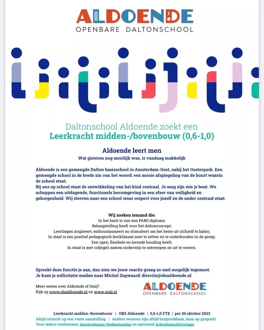 VACATURE ▪︎
Wij zijn nog steeds opzoek naar enthousiaste leerkrachten om ons team te versterken.
Word jij onze nieuwe collega? Daltonschool Aldoende, gelegen naast het Oosterpark in Amsterdam-Oost, zoekt een nieuwe leerkracht.
Voor vragen/interesse, mail naar: directie@obsaldoende.nl of kom gerust een keer langs voor een rondleiding.
#vacature #vacatureamsterdam #onderwijs #lerarentekort #basisschool