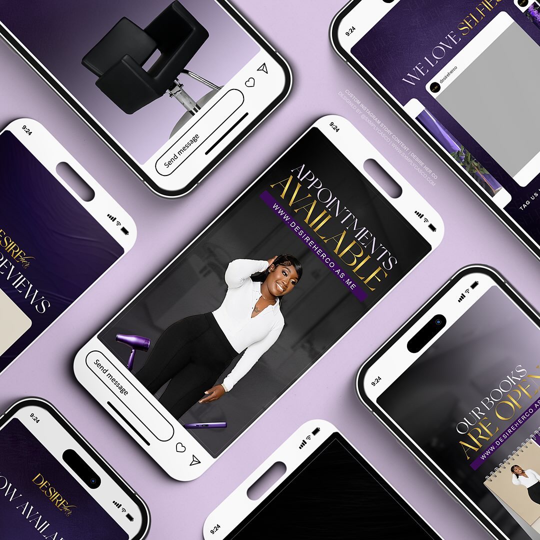 Part 1 of @desireherco rebranding is complete 💜
-
6 Custom Instagram stories are ready to post! I intentionally left space so she can add text & photos for continuous use.
-
#findmydesign #dmvgraphicdesigner #marylandgraphicdesigner #houstonhairstylist #houstongraphicdesigner #brandidentity #branding #branddesign #dmvhairstylist #dmvbraider #houstonbraider #sxmplycasco #dmv #graphicdesign #graphicdesigner #atlhairstylist #atlgraphicdesigner