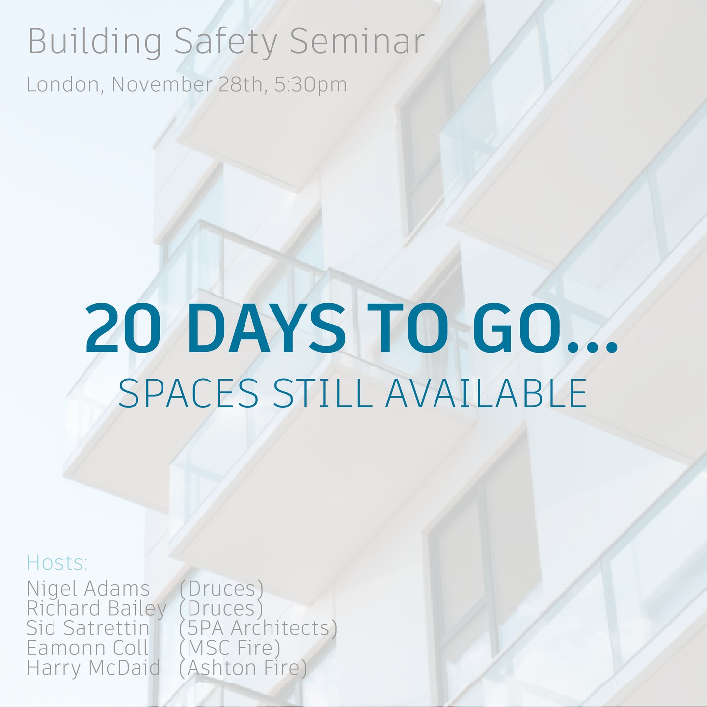 Only 20 days to go until we host our second Building Safety Act seminar...
The event will be a great opportunity to hear about the implications of the Building Safety Act from hosts Druces LLP, MSC Fire & Ashton Fire Limited, alongside other lead developers and housing associations in attendance.
The event will be held in London on Tuesday November 28th at 5.30pm.
We have a limited availability - If you wish to attend please get in touch with l.mcginley@druces.com to receive an invitation.
#building #buildingregs #buildingsafety #buildingsafetyact #construction #architecture