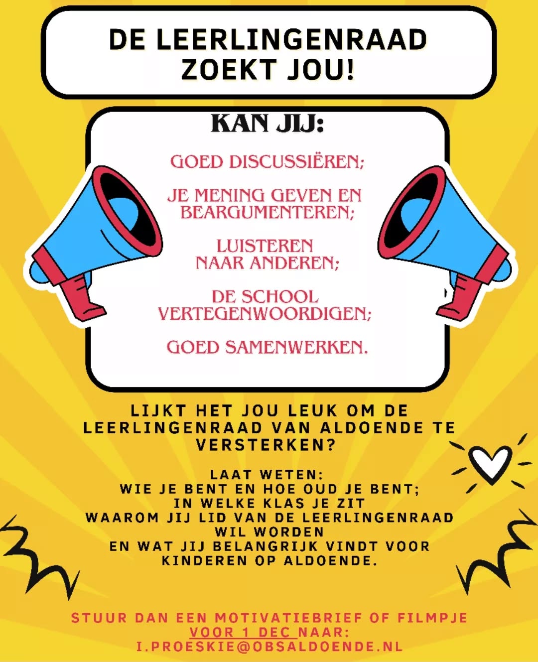 Aldoende start met een nieuwe leerlingenraad. Zit jij in groep 5 tm 8 en lijkt het je leuk om de school te vertegenwoordigen? Stuur dan je motivatiebrief of filmpje op voor 1 dec! #leerlingenraad #dalton #onderwijs