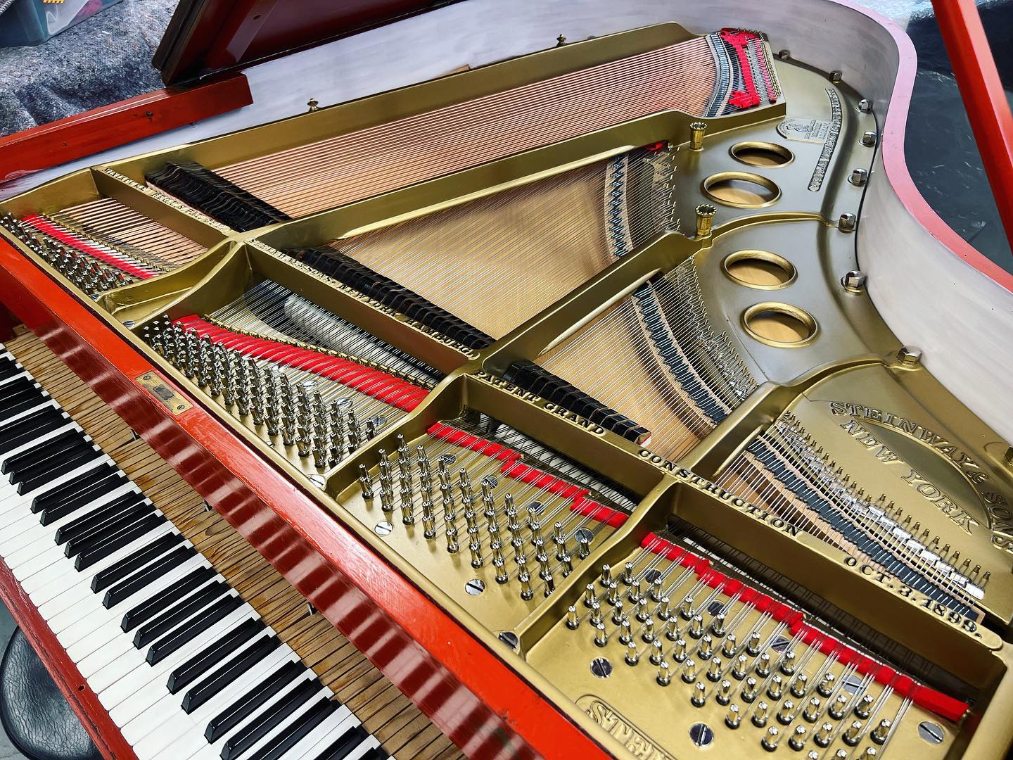 I keep forgetting to post stuff! Just finishing up the interior of this beautiful Steinway model O so thought it was worth a quick post. The restoration including new action parts have given the piano back it’s stunning depth and clarity, of which it was lacking due to 100 years of wear and tear. Beautiful instrument. Now off to Mr Long @longfrenchpolishing and his team to have it refinished in gloss white! 🤩 it’s going to be a real show piece 😃 we’re getting nice and clogged up with steinways in the workshop which is a wonderful problem to have :)
#pianotuner #pianorestorer #piano #pianorestoration #pianoregulation #workshop #frenchpolishing #antique #antiquerestoration #steinway #woodwork #pianocraft #pianomusician