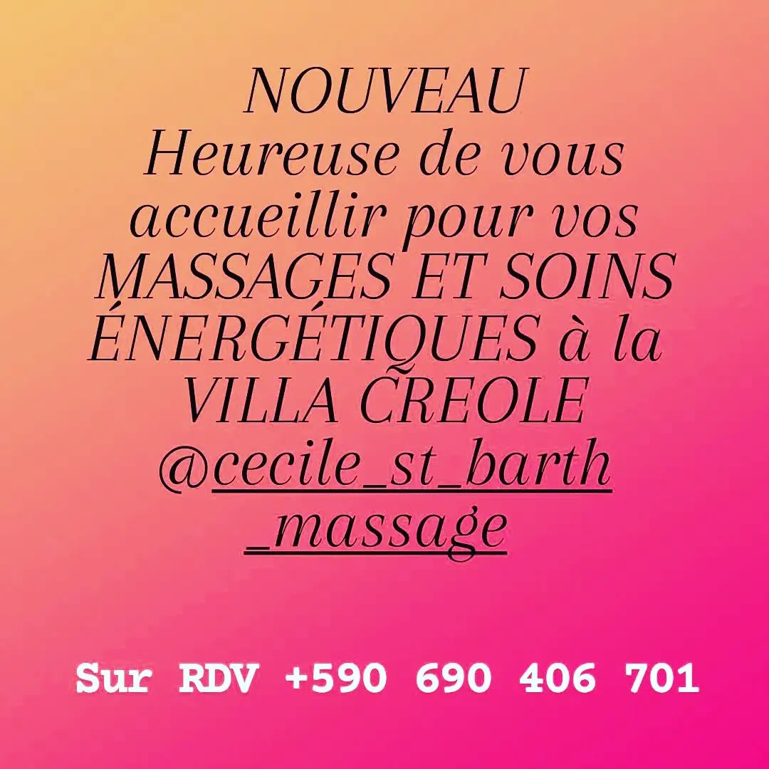 Dès aujourd'hui, retrouvez moi à la Villa créole pour tous vos massages et désormais avec les soins énergétiques sur mesure pour votre accompagnement
Sur rdv au +590 690 406 701