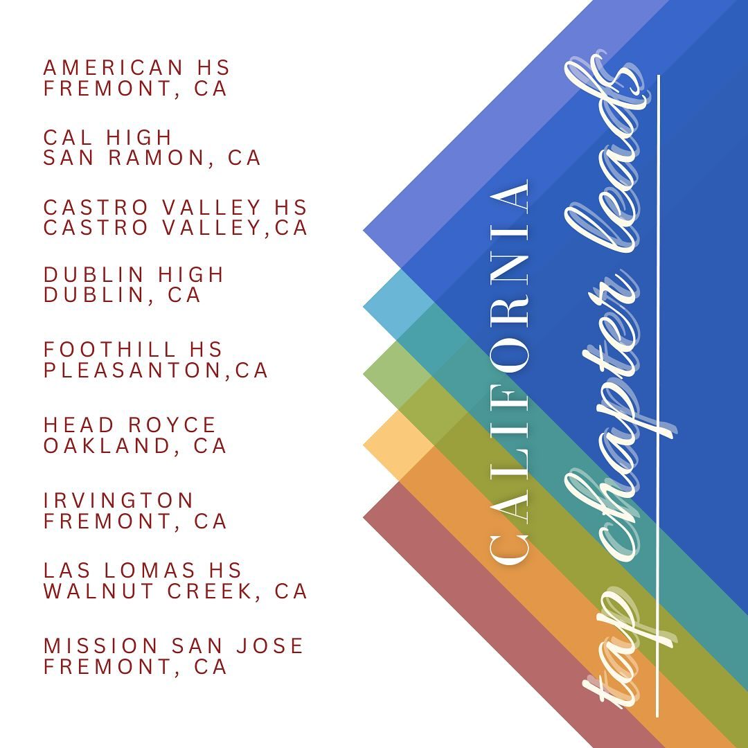 Introducing the California Tap Chapter Leads!
Tap is launching new chapters around the Bay Area. Stay tuned if you are from one of these respective schools to come volunteer and be a member! 💕