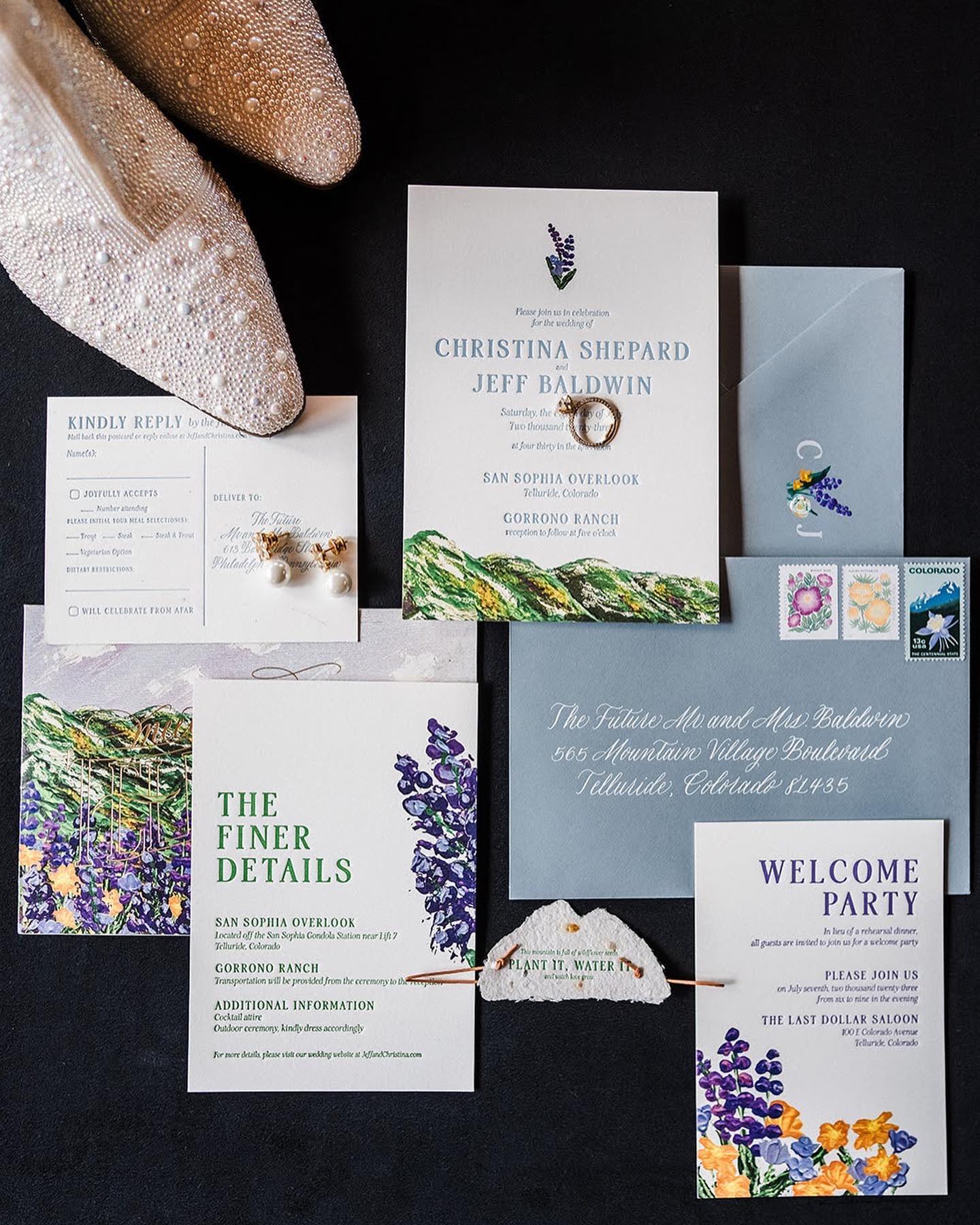 A little purple and gold love in honor of @collegegameday visiting my alma mater this weekend @jamesmadisonuniversity 💜💛
Obviously the color palette Amy selected for this Telluride invitation made my JMU heart happy, but the details are next level: The beautiful mountain painting (swipe to see the ceremony spot and inspiration!), the individually hand painted back envelope flap (🤯), and the wildflower seed paper wrap all made this suite truly unique. I was honored to add envelope and spot calligraphy!
Congrats to Christina and Jeff and of course, #GoDukes
Invitations @dragonflypaperie
Photography: @jasonanddaris
Venue: San Sophia Overlook & @gorrono_ranch
Planner: @k2eventco
Florals: @dahliafloraldesign
.
.
.
.
#allicatcalligraphy #weddingcalligraphy #phillyinlove #phillycalligrapher #southjerseycalligrapher #phillywedding #jerseyshorewedding #southjerseywedding #calligraphy #pennsylvaniaweddings
#envelopecalligraphy #weddinginvitations #weddingstationery #phillystationer #bespokeinvitations #phillyweddinginvitations #custominvitations