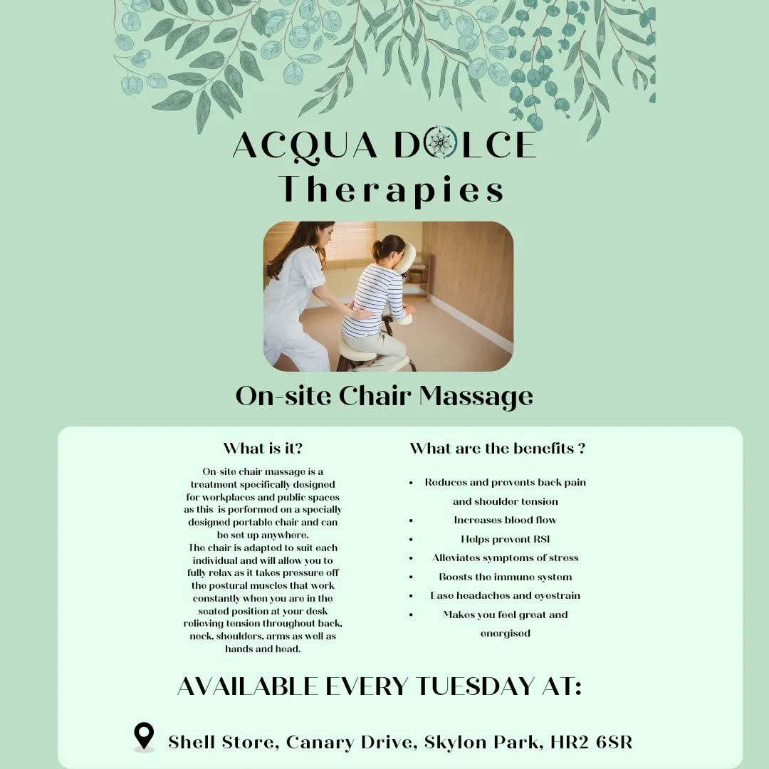 Hello everybody!
Just want to share with you some exciting updates:
⭐Starting November 21st, I'll be offering on-site chair massage sessions every Tuesday at the @shellstoreheref in Hereford ⭐
🪑 On-Site Chair Massage:
Ease the tension of long workdays spent in front of a laptop.
Perfect for those who spend hours seated, the massage is performed on a specific ergonomic chair with different techniques used, including stretching and breathwork, fostering a heightened awareness of your body.
💆 Benefits of On-Site Chair Massage:
1. Stress Reduction: relieve the day's pressures and promote relaxation.
2. Improved Productivity: a revitalized mind and body can contribute to increased focus.
3. Muscle Tension Relief: targeted massage addresses common areas of tension from extended periods of sitting.
4. Body Awareness: enhance your connection with your body through specialized techniques.
📋 Consultation Form:
To ensure a personalized experience, a brief consultation form will be completed before the massage.
🗓️ Availability:
Every Tuesday, starting November 21st
Take a break and treat yourself to a moment of tranquility amidst your busy schedule.
To book your space or if you want more info just follow the link in my BIO
Don't forget I'll be still offering my usual massage treatments at the Hereford Centre for Natural Health too.
Follow the same link to book for a Full body massage !
Hope to see you soon 🌈🌿
#ChairMassage #acquadolce #acquadolcemassage #massagetherapy #herefordshire #acquadolcetherapy #acquadolcehereford #HerefordRelaxation