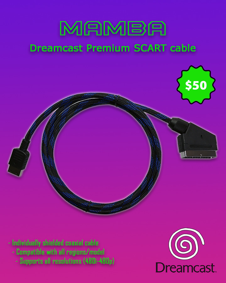 MAMBA is now in PRE-ORDER.
A premium, high quality RGB scart cable for the Dreamcast console. Allows you to play all games supporting the 480i, 240p,480p resolution modes. Individually shielded, coaxial, 75ohm impedance matching cable for maximum audio and video quality. #sega #dreamcast #segadreamcast #dreamcastgames #retrogames #retrogaming #nintendo #consolegaming #arcade #capcom #snk #neogeo #xbox #playstation #videogames