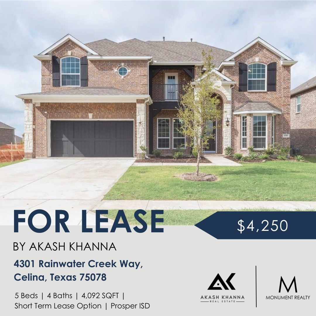 SHORT TERM LEASE OPTION in Celina, TX
5 🛏️ | 4 🛁 | 4,092 sq.ft. 📐 | $4,250/month 💰 | Appliances Included | Prosper ISD | Available Dec 20 | Facing NorthEast
Fantastic home in the highly desired Neighborhood in Celina, TX! This home was built in 2018 and comes with all the appliances. The home also features a game room, theater, and so much more. Close proximity to major employment and retail centers.
#shorttermrental #celina #propser #prosperisd #dallasrealestate #realtor