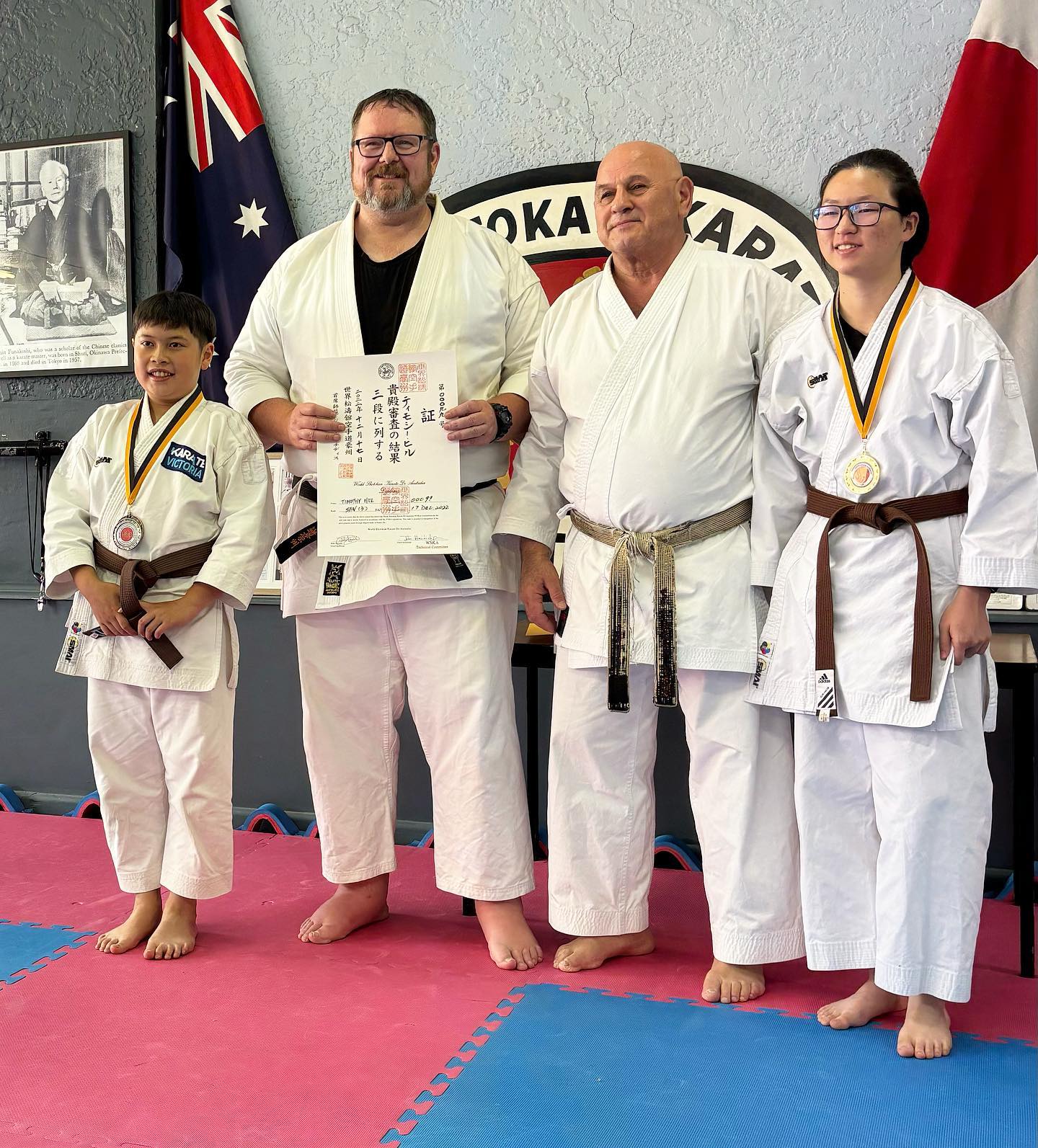 Congratulations to Richmond Dojo members Cayenne, Douglas, Nelson and Khang (not pictured) for another great comp 4 out of 4…and Tim for judging and being awarded his 3rd Dan certificate. Proud of you all.