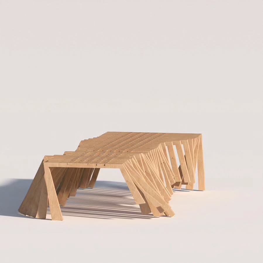 Captivating interlocked wood bench, showcasing a unique design that seamlessly blends artistry with functionality. Elevating public spaces with innovative and stylish furniture. #UrbanDesign #PublicSpaceArt