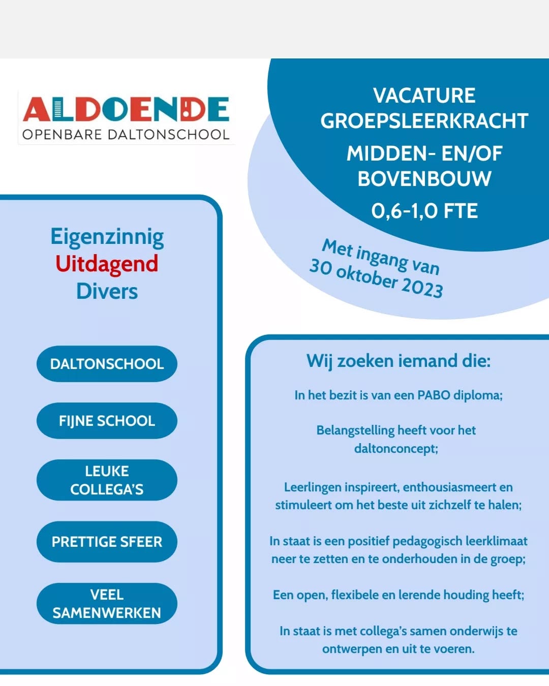 Werken op de leukste school van Amsterdam? Mail je motivatiebrief + cv naar directie@obsaldoende.nl of kom gerust langs voor een rondleiding.