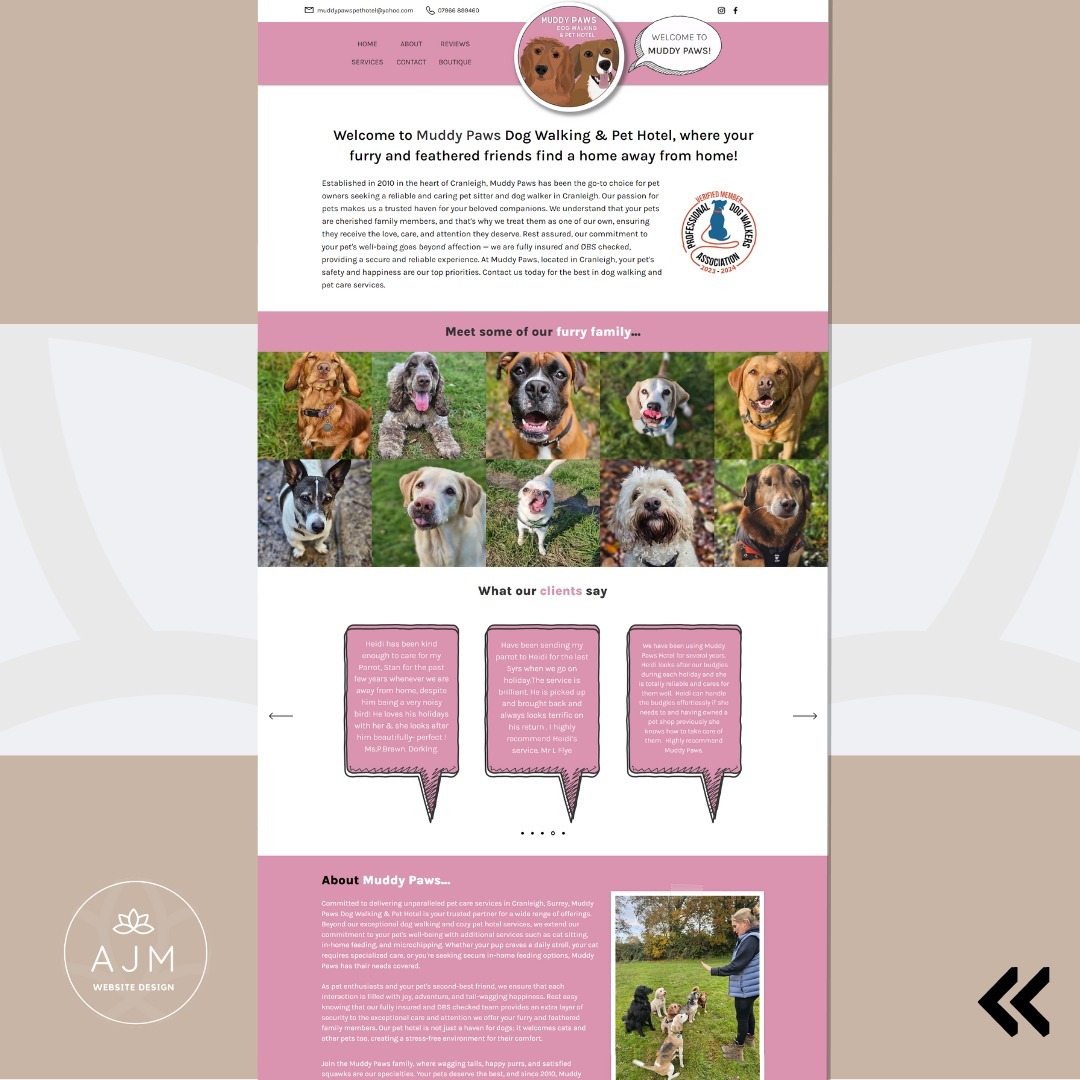 Introducing the paw-some launch of the brand-new one page website for my fantastic client, @muddypawsdogwalkingpet Muddy Paws Dog Walking & Pet Hotel! 🐶 Based in the heart of Cranleigh, Surrey, Muddy Paws is your go-to for dog walking and other fantastic pet hotel services.
🎉 It was an absolute joy working with you, Heidi, to bring your vision to life! 🌟
👀 But that's not all! We've got something special in the works – 'Muddy Paws Boutique'! 🛍️🐕 Get ready for a wag-worthy online shopping experience, where you can spoil your furry friends with a range of amazing dog products. Stay tuned – coming very soon!
Thank you, @muddypawsdogwalkingpet for trusting me with your website design. 🙌 I am so happy to be part of your journey and can't wait to see tails wagging with excitement as clients explore your new website!
Visit the website now: www.muddypawsdogwalkingandpethotel.co.uk
#MuddyPaws #NewWebsite #DogWalking #PetHotel #ExcitingTimes #WebDesign #WebsiteLaunch #DigitalCraftsmanship #OnlinePresence #WebDevelopment #UserExperience #ComingSoon #MuddyPawsBoutique #WebDesignAgency #TailoredWebsites 🐕🐾