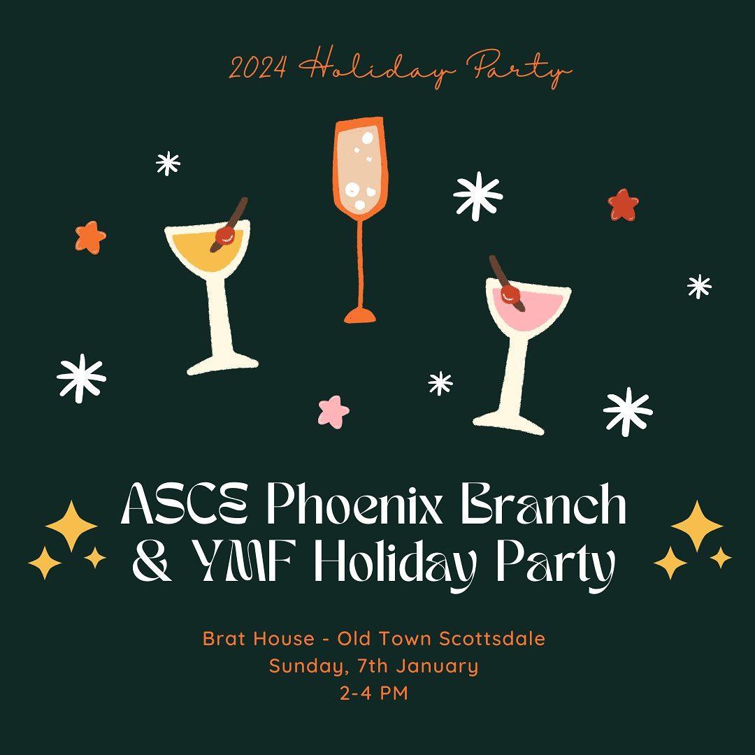 Attention engineers and ASCE members in the Phoenix area! We are excited to announce the 2024 ASCE Phoenix Branch & YMF Holiday Party! 🎉 Join us for an afternoon of networking, delicious food, and refreshing drinks at the Brat Haus in Old Town Scottsdale. For just $15, your admission includes two free drinks and an opportunity to relax with your fellow professionals. Don’t miss the chance to indulge in the sliders and bratwurst! Be sure to register before the years end to enjoy discounted rate. We’re looking forward to starting the new year with you!
Please see the link in bio for more information and to register for the event! 🥳
