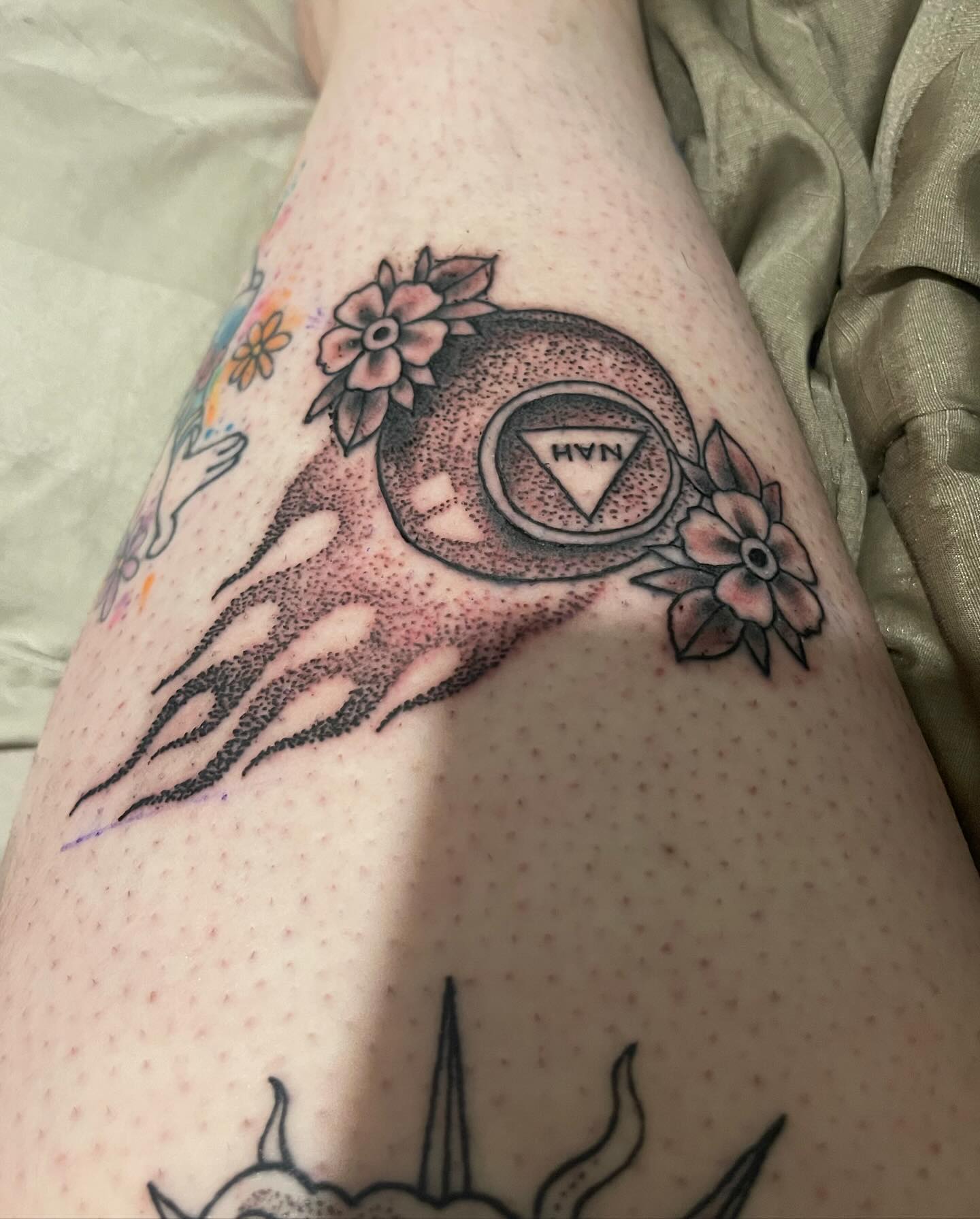 And just like that, the count is now at 36. Thank you as always to the forever wonderful @electric_butterfly_tattooo for giving me the serotonin I needed. This time, I got a matching lil ghost tattoo with my cousin. I also got my above the knee tattoos, Karma and Chaos. I also got my magic 8 ball tattoo, that I’ve been wanting for a while. And finally, I added 4 more @pyh_band tattoos to the mix! And just like that, my left forearm is complete besides from some gap fillers really. 🥰