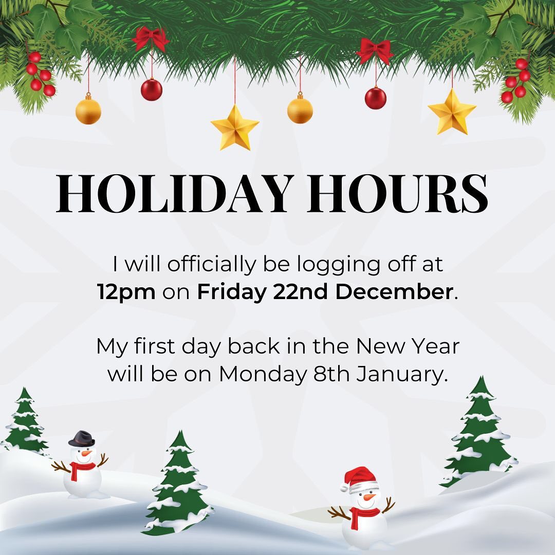 My out of office will be on from Friday 22nd December at 12pm until Monday 8th January.
If there is anything urgent please do not hesitate to reach out to me still, I will be keeping an eye on my emails so I will get back to you as soon as I can.
Merry Christmas Everyone and Happy New Year! I have a good feeling about the next one… ❄️🎄🤶
#christmasholidays #websiteservices #websitedesigner #wixwebsites #freelancer #freelancerlife #surreybusiness #surreysmallbusiness