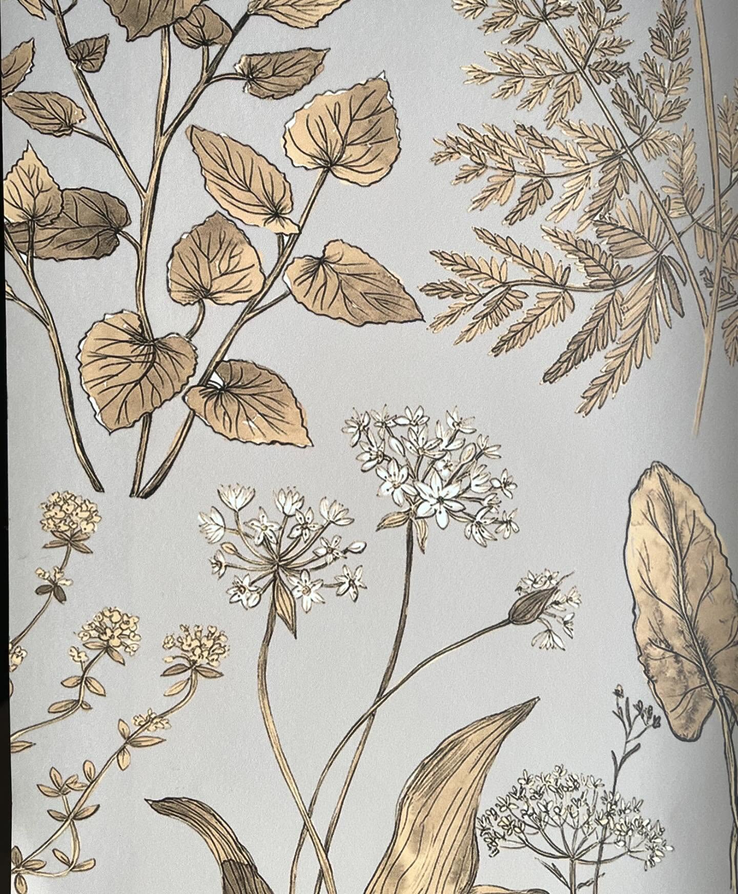 A close up of my best selling Herbarium Antique wallpaper from @miltonandking . First picture is the stone grey colour option
Second picture is the light stone colour option