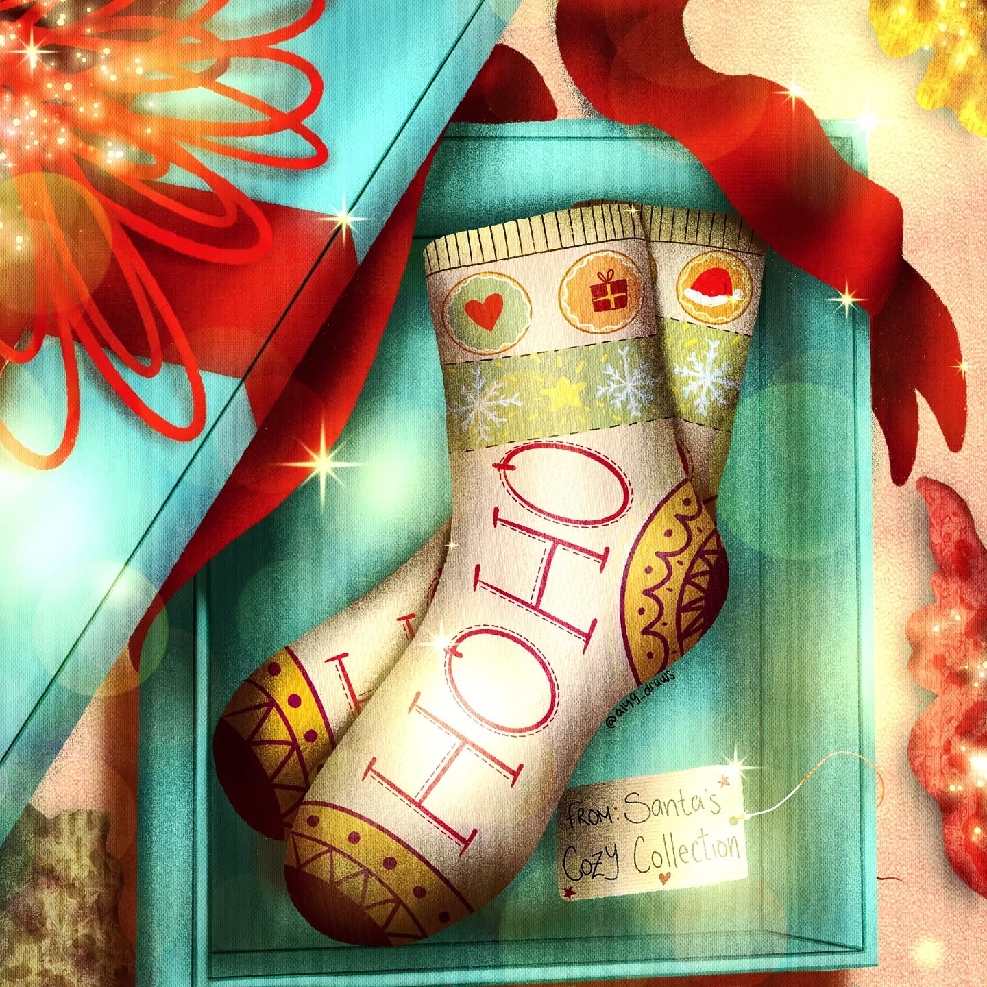 Prompt 7!!! One more til the end of the #frostyandfestive2023 challenge 😭 this has been the most fun, I really loved being able to draw again ❤️
This illustration was inspired by my (unpopular opinion) love for comfy gifts 😂 as a kid, my grandparents always got us socks, gloves, hats, and lounge wear 🎁 my sister and I made it our mission to wear every single piece of clothing we got and by the end of the night looked very much like Ralphy in A Christmas Story 🤣 I cherish these memories more now that we are all grown up and our grandparents have passed, but I'll never forget how much fun we had with just a few pairs of socks ❤️ I hope you all had a comfy and cozy Christmas 🎄🎁