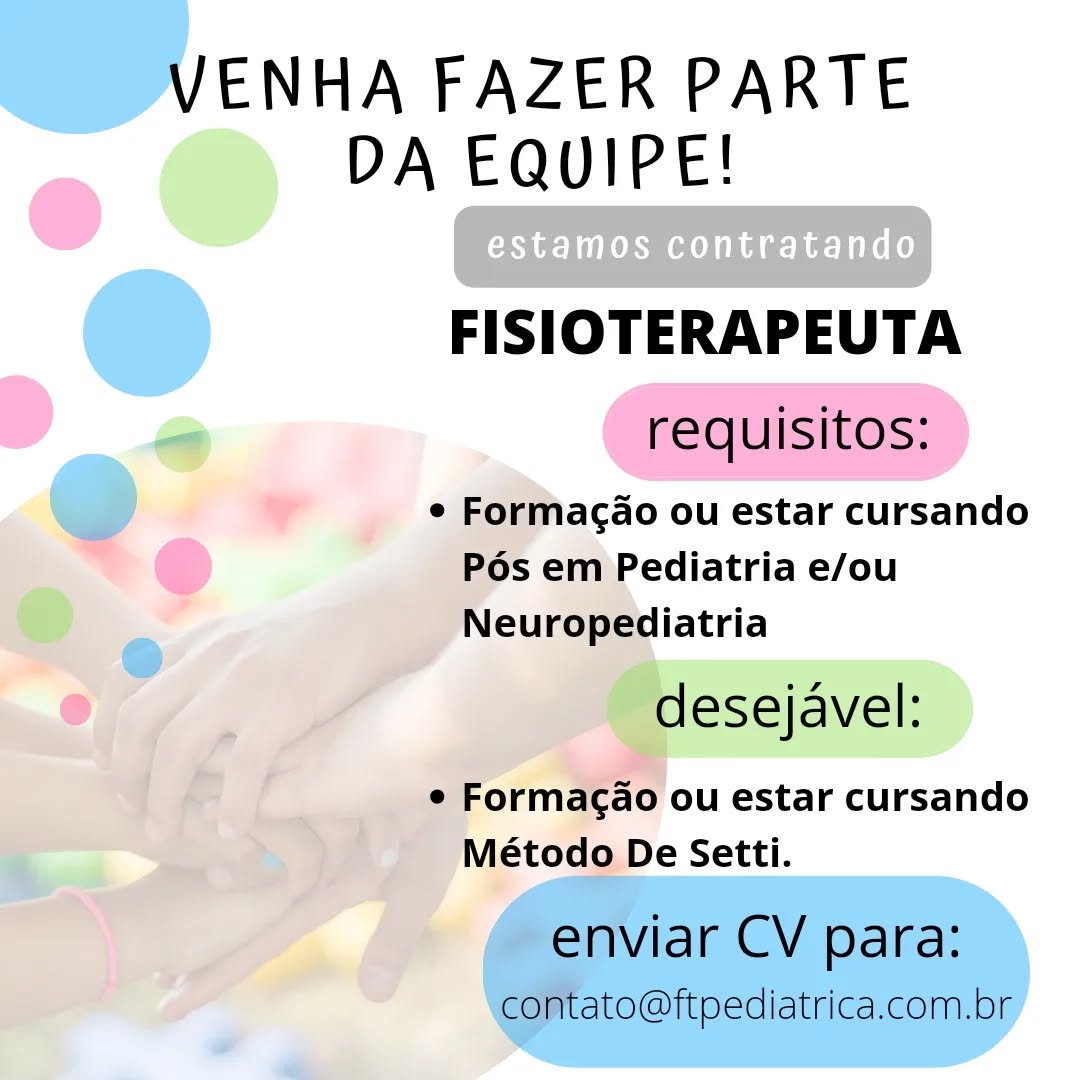 Ei, você, Fisioterapeuta, especializado em pediatria, apaixonado pelo que faz, responsável, proativo e com sede de aprendizado? Junte-se à equipe FT e faça parte do nosso time! Espero seu CV 😉.