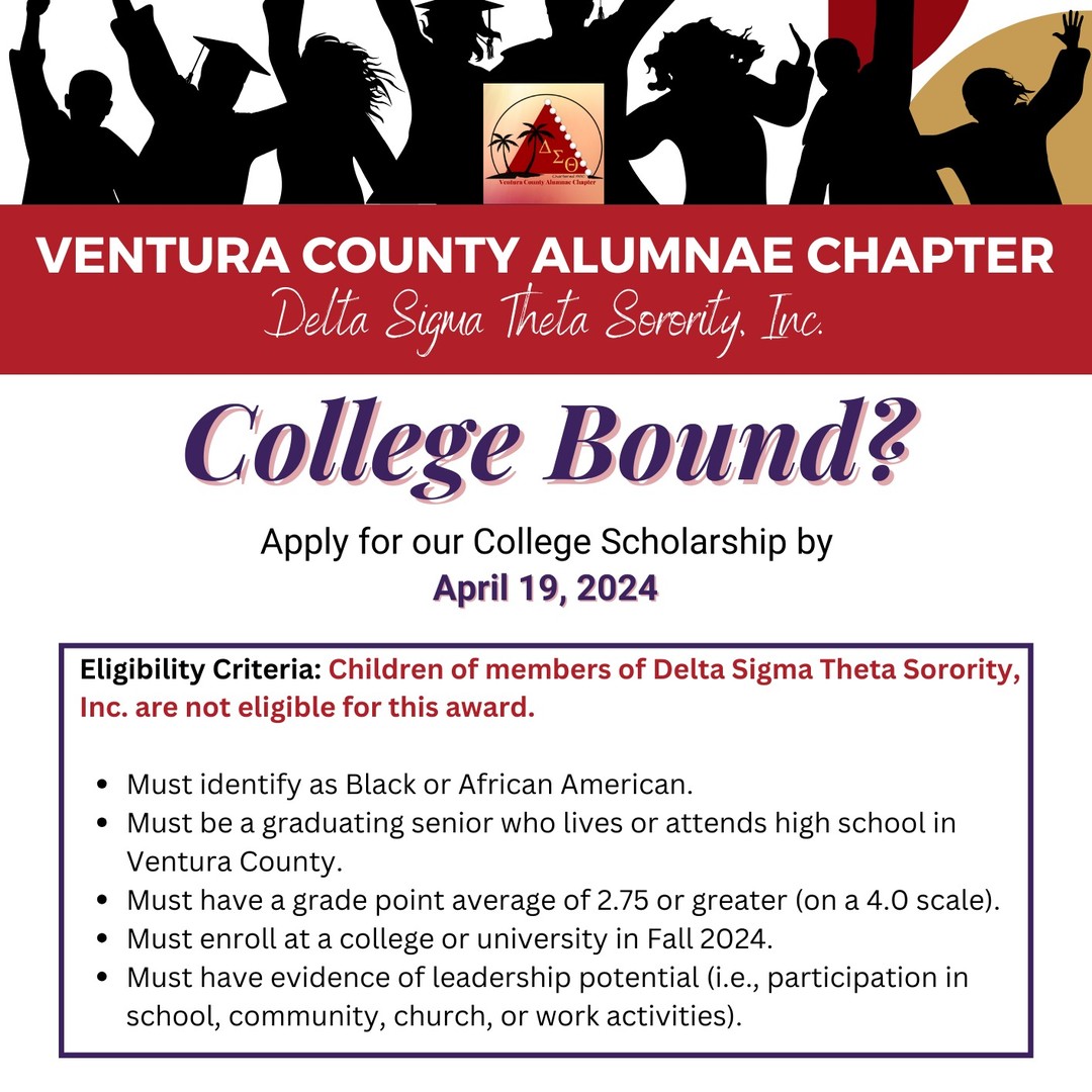 The Ventura County Alumnae Chapter of Delta Sigma Theta Sorority, Inc. invites high school seniors in the Ventura County, CA area to apply for its distinguished Achievement Scholarship Award. Go to vcac.scholarships@gmail.com for more information. Submission deadline is Friday, April 19, 2024.
Application link on our bio.
#vcacdst #dst1913 #dstfarwestregion #dstfarwestrr