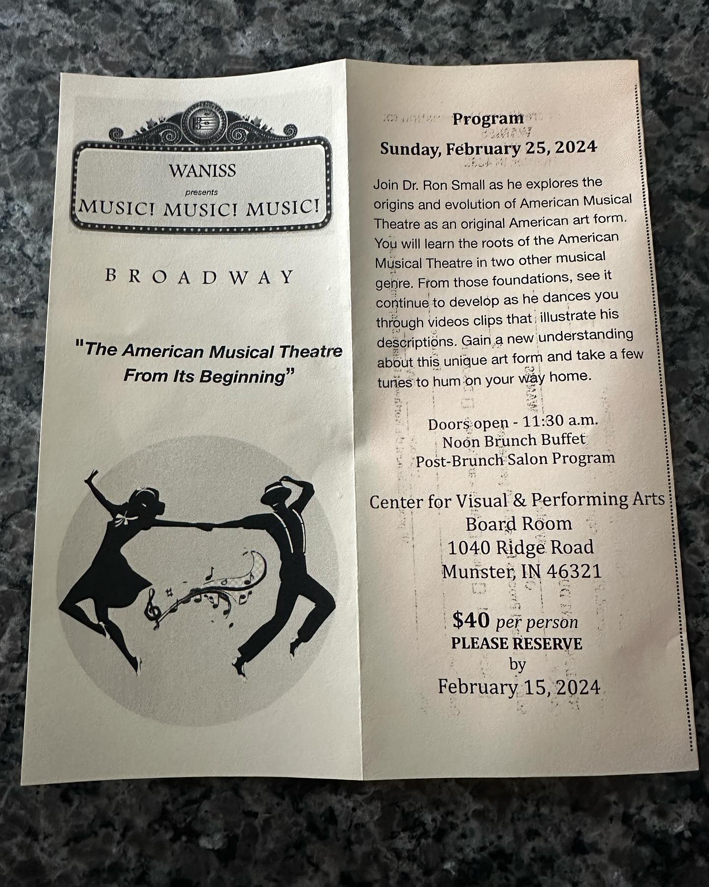 Love musical theatre? You might wanna check out this program with WANISS! Mail a check for $40 per guest to WANNIS at 1040 Ridge Road, Munster, IN 46321 to register. Reserve by Feb. 15 for the Feb. 25 buffet, lecture, and salon. 🎭