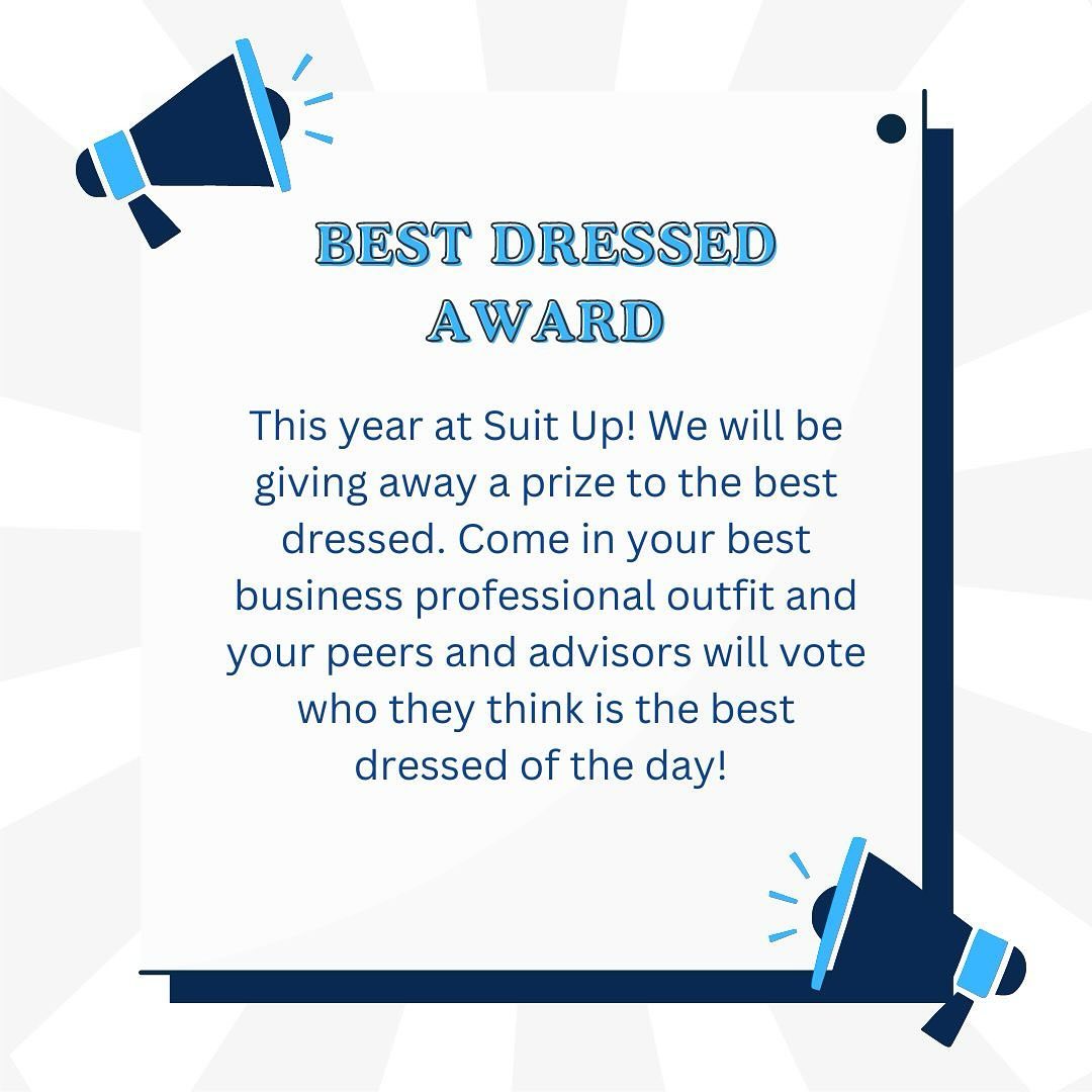 Dress your best for Suit Up! Come showcasing your best business professional attire for the chance to win a prize. We look forward to seeing you there, and don’t forget to register by Saturday 1/20!