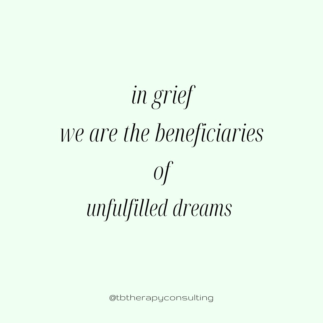 I said this recently to a client and I won't lie -- I felt the heaviness of it immediately.
One of the more painful parts of grief is often grieving what our person did not get to do or become.
When our loved ones pass away we not only mourn them and their relationship to us, we also find ourselves feeling immense sadness for the dreams and goals they did not get to see come to fruition. What our loved ones would have mourned for themselves often feels like it gets passed on to us that are grieving, and we mourn these unfulfilled dreams on their behalf.
What a heavy feeling this can be.
Losing my mother at 13 meant my grief was primarily related to what *I* had lost (as teenagers are egocentric). Not until adulthood did I have a true moment of sadness for the things she never got to become (a grandmother, a mother in law, an empty nester, an adventurer, etc.).
These unfulfilled dreams hit me much later in my grief but can often express themselves right away for others.
The beautiful part about being a beneficiary is that we get to decide what to do with it, how we honor it/them, and what their dream means to us.
As is true of many things we can become the beneficiaries of, it can feel like a burden AND a gift. Both can be true. Both are valid.
And there is absolutely no wrong way to navigate this.