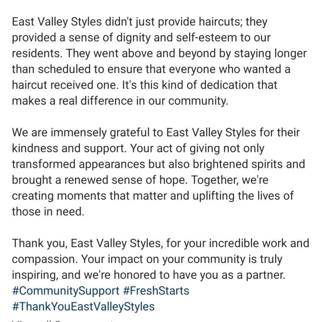 We want to express our heartfelt gratitude for your touching Instagram post acknowledging East Valley Styles and the CutBus offering complimentary haircutting services to the residents of New Leaf. It is humbling to witness the meaningful impact that this act of kindness has had on the individuals we serve.
As the sponsor, REACH One Foundation, we are deeply moved by the dedication and compassion shown by East Valley Styles and the CutBus. The provision of such a basic need has brought immense joy and a renewed sense of confidence to those in our community.
Your recognition of this impactful partnership is truly appreciated. We are thankful for the opportunity to work together and look forward to growing our collaboration in the future.
#eastvalleystyles #justjaythebarber #newleaf