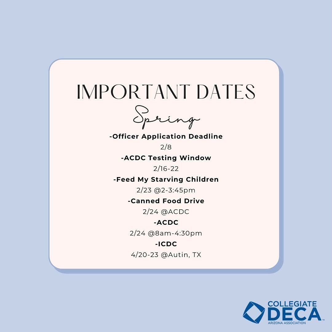 This semester is full of amazing opportunities! Mark your calendars and be ready for some amazing events. Reminder: All members must be payed by 2/15 to be able to attend ICDC in Austin Texas.