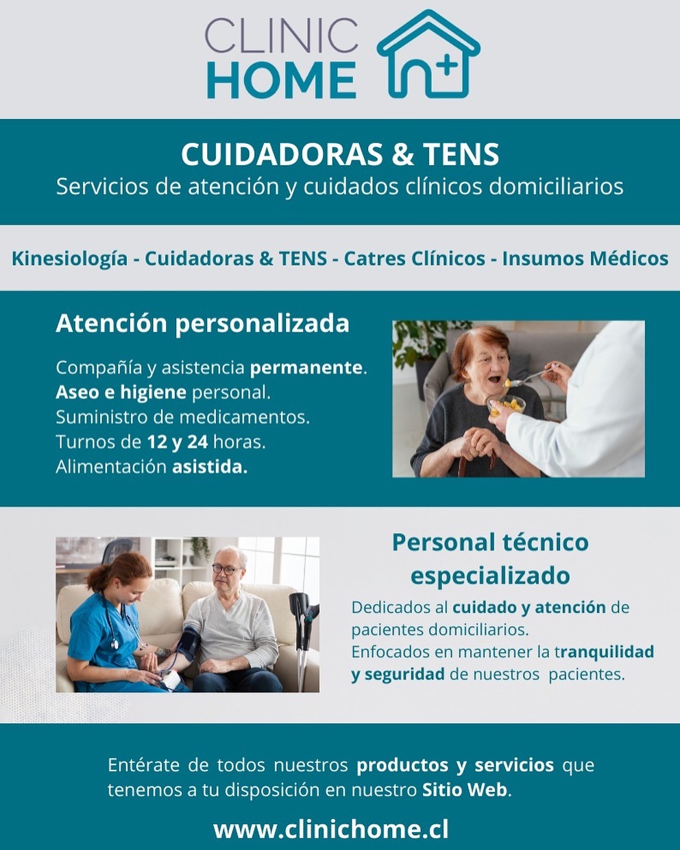 CLINIC HOME CARE, Servicios de atención clínica, cuidados paliativos y hospitalización domiciliaria de pacientes autovalentes, de movilidad reducida y postrados. Asistencia 24 horas, los 7 días de la semana.
Revisa en nuestra web cada uno de los servicios que tenemos disponibles para ti!
Contáctanos para más información.
🌎www.clinichome.cl
📞+569 9991 4775
📩contacto@clinichome.cl