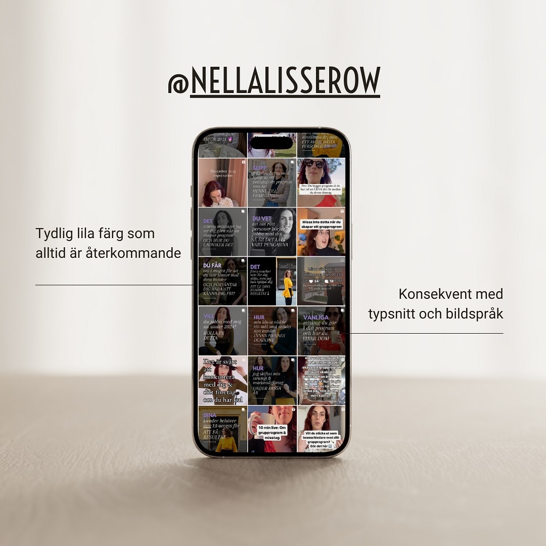 För att sälja behöver du synas med rätt färger och design! 💥
Känner dina följare och potentiella kunder igen ett inlägg från dig?
En kund köper sällan en tjänst första gången man ser dig.
Du behöver bygga upp ett förtroende. Det gör du genom att skapa igenkänning i flödet.
Igenkänning skapar du genom att vara konsekvent med din visuella kommunikation..
Alltså: Dina potentiella kunder ska veta att det är ditt inlägg som dyker upp i flödet UTAN att behöva se ditt namn.
För att skapa denna igenkänning så behöver du hålla dig till dina färger, typsnitt och bildspråk.
En person som gör detta bra är @nellalisserow 😃
Med sitt tydliga bildspråk och sin lila färg så ser jag direkt att det är hennes inlägg när jag scrollar i flödet.
Är du konsekvent med din visuella kommunikation?
#marknadsföring #varumärke #varumärkesbyggande #visuellekommunikation #visuellidentitet #digitalmarknadsföring #egenföretagare #drivaeget #företagare #soloföretagare #coach #småföretagare #grafiskdesign #grafiskprofil #varumärkesstrateg #varumärkesdesign #entreprenörskap #entreprenör