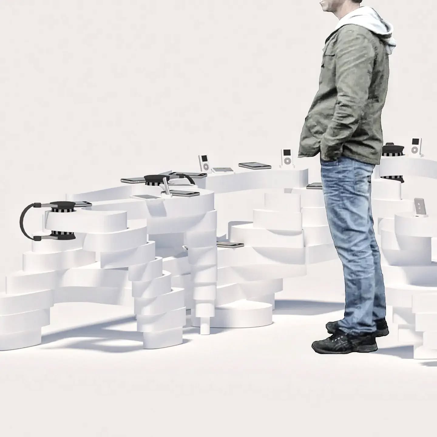 Behold our latest creation – the Organic Shape Shelf, a poetic fusion of form and function. Crafted from layered white wood, reminiscent of billowing clouds, it serves as an ethereal display for your phone and headphones, seemingly suspended in mid-air. The artistry lies in the illusion of weightlessness, transforming your products into floating masterpieces. Elevate your showcase with this minimalist yet captivating design, where nature-inspired elegance meets technological innovation.