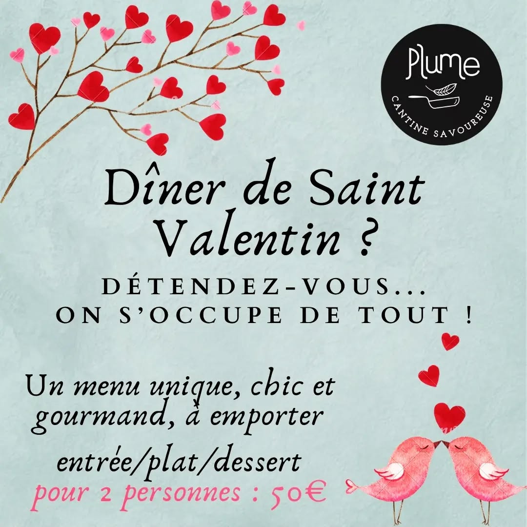 DÉTENDEZ-VOUS...ON S'OCCUPE DE TOUT ! 🥰
😍 Pas le temps, pas d'idée, pas doué.e en cuisine...mais l'envie de faire plaisir ?
👩🏻🍳 On vous a concocté un joli menu à 50 euros pour 2 personnes qui devrait mettre tout le monde d'accord, et toujours fait maison à base de produits locaux !
🔥 Le 14 février, avant de rentrer, passez une tête récupérer votre commande...vous n'avez plus qu'à faire réchauffer le plat au four et c'est prêt !
Vous pourrez même dire que c'est vous qui l'avez fait 😉
🍷💐 Pensez à passer également chez @coquelicotnantes et @cavejuste, à deux pas de chez Plume pour prendre de jolies fleurs et une bonne bouteille avec une réduction de 10% (sur présentation d'une preuve d'achat Plume)
✏ Nous prenons les commandes jusqu'à lundi 12 février pour un retrait le mercredi 14 février jusqu'à 19h.
On vous attend 😗
Plume, cantine savoureuse
1 rue Mercoeur
44000 Nantes
06 80 07 74 86
coucou@plumecantine.fr
.
.
.
.
.
.
.
.
.
#saintvalentin #nantescentre #tourdebretagne #restaurant #emporter #diner #amoureux #menu #fait maison #nantesmaville