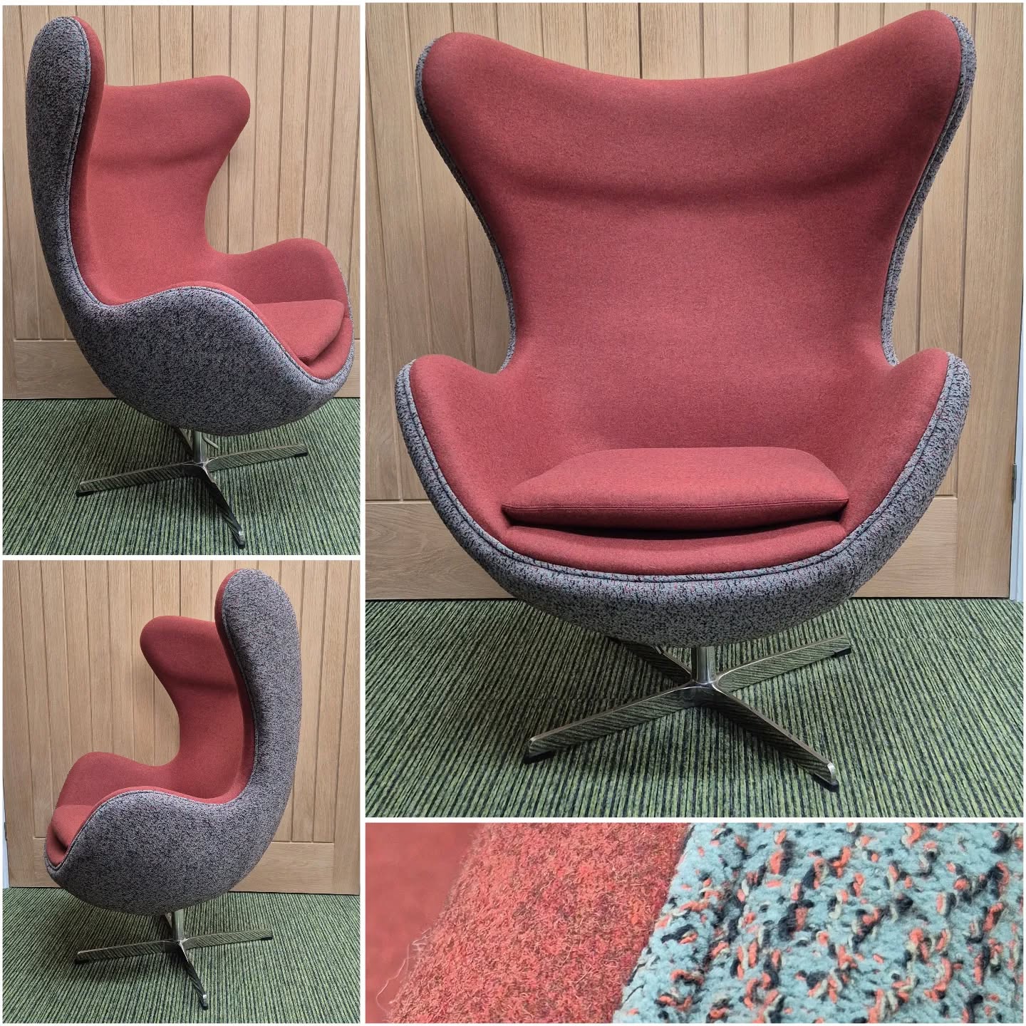 We reupholstered this Arne Jacobsen-style chair using Kirkby Design's Spiral on the outside and complementing this with Linwood's Italian wool-based Lana for the cushion and inside of the chair to make a real statement piece. It can be seen at our showroom in Box, Wiltshire and will be available from mid August.
#walkerandwalker #linwoodfabrics #kirbydesign #handmadecurtains #reupholstery #softfurnishingsmaker #softfurnishings #handmadesoftfurnishings #handmade #curtainmaker #reupholsterer #handmaderomanblinds #madetomeasure #romanblindmaker #romanblinds #handmadecushions #cushions #arnejacobsenchair