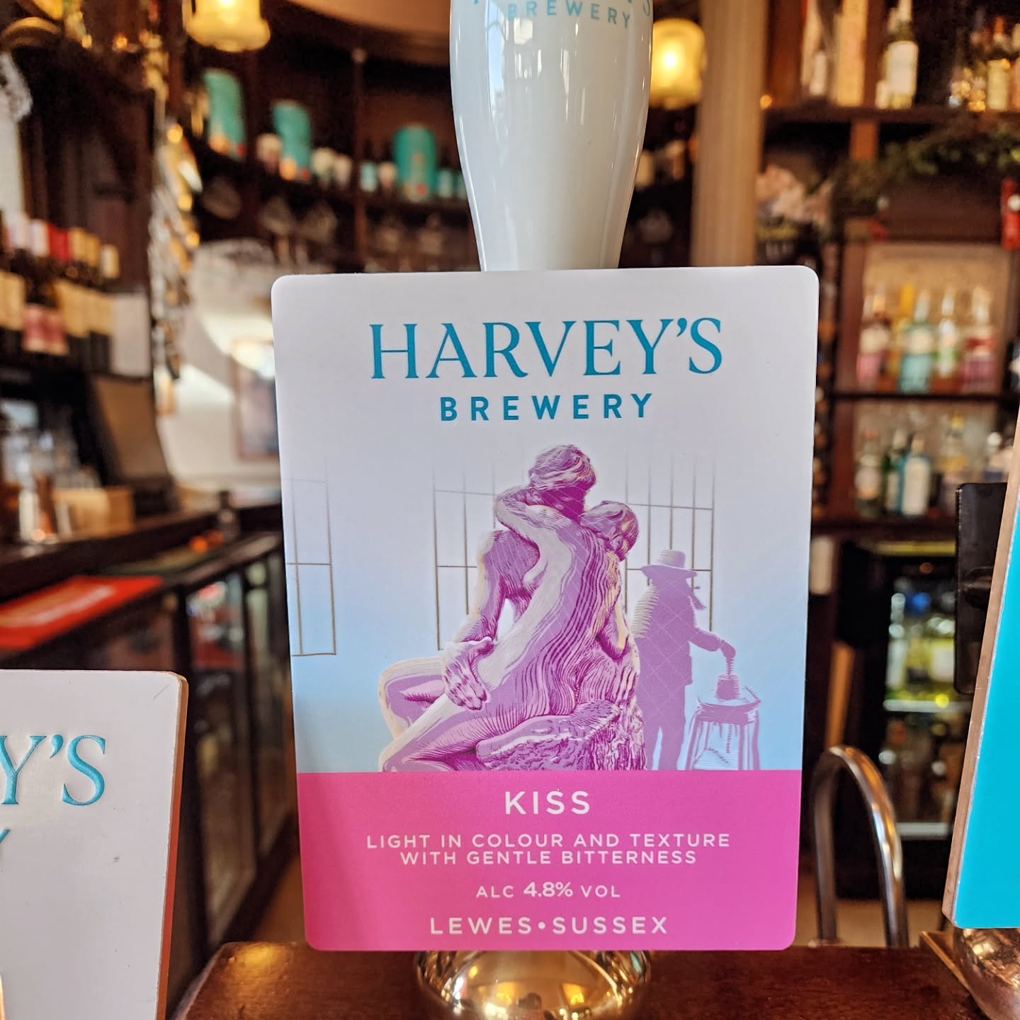 February Seasonal!
Style:Blonde Ale
Strength: 4.8%
Kiss was first brewed in 1999 to celebrate the return of Rodin's famous statue of the same name, to it's "Home Town", Lewes, for a summer-long exhibition. It is the only beer which Harveys produce using oats in the mash, creating a unique mealy character. This is a Seasonal Ale that is bottled in February.