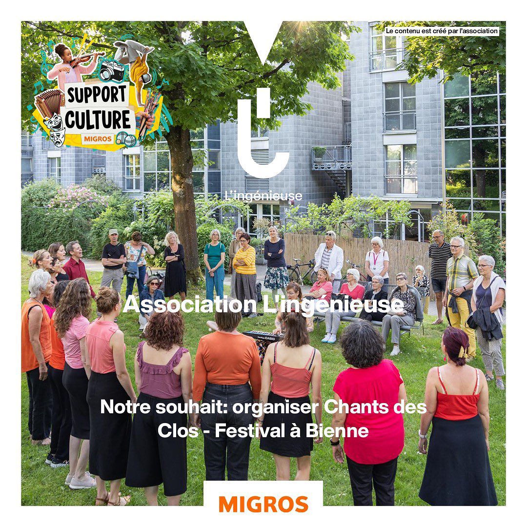 Organiser un festival de concerts itinérants dans des lieux inhabituels de Bienne, selon le concept des “Hofgesänge” (les chants dans la cour). En réunissant les chorales de la région, nous voulons mettre sur pied une série de concerts gratuits, spontanés, dans des lieux insolites. Objectif : rencontrer le public, faire vivre ces lieux cachés.
www.lingenieuse.ch