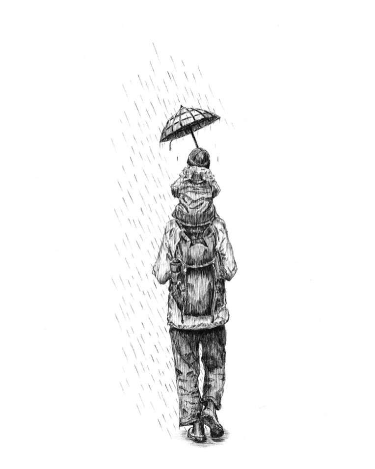 Father and Son - Angel, Islington
Thought Iād draw this special little moment that I spotted over the weekend, of this cute little boy getting a free ride from his papa!
#drawing #sketch #portrait #rain #umbrella #fatherandson #finelineart #penart #pendrawing #inkart #localartist #londonlife #londonart #father #piggyback